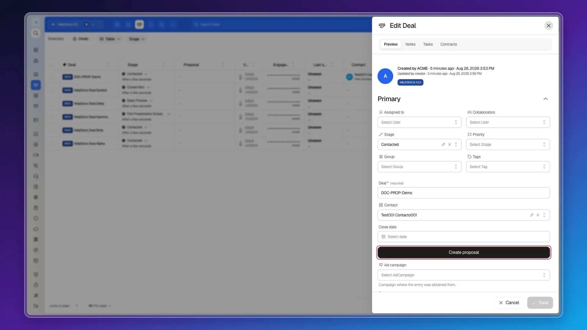 Edit Deal panel with the Create proposal button highlighted, below the Close date field