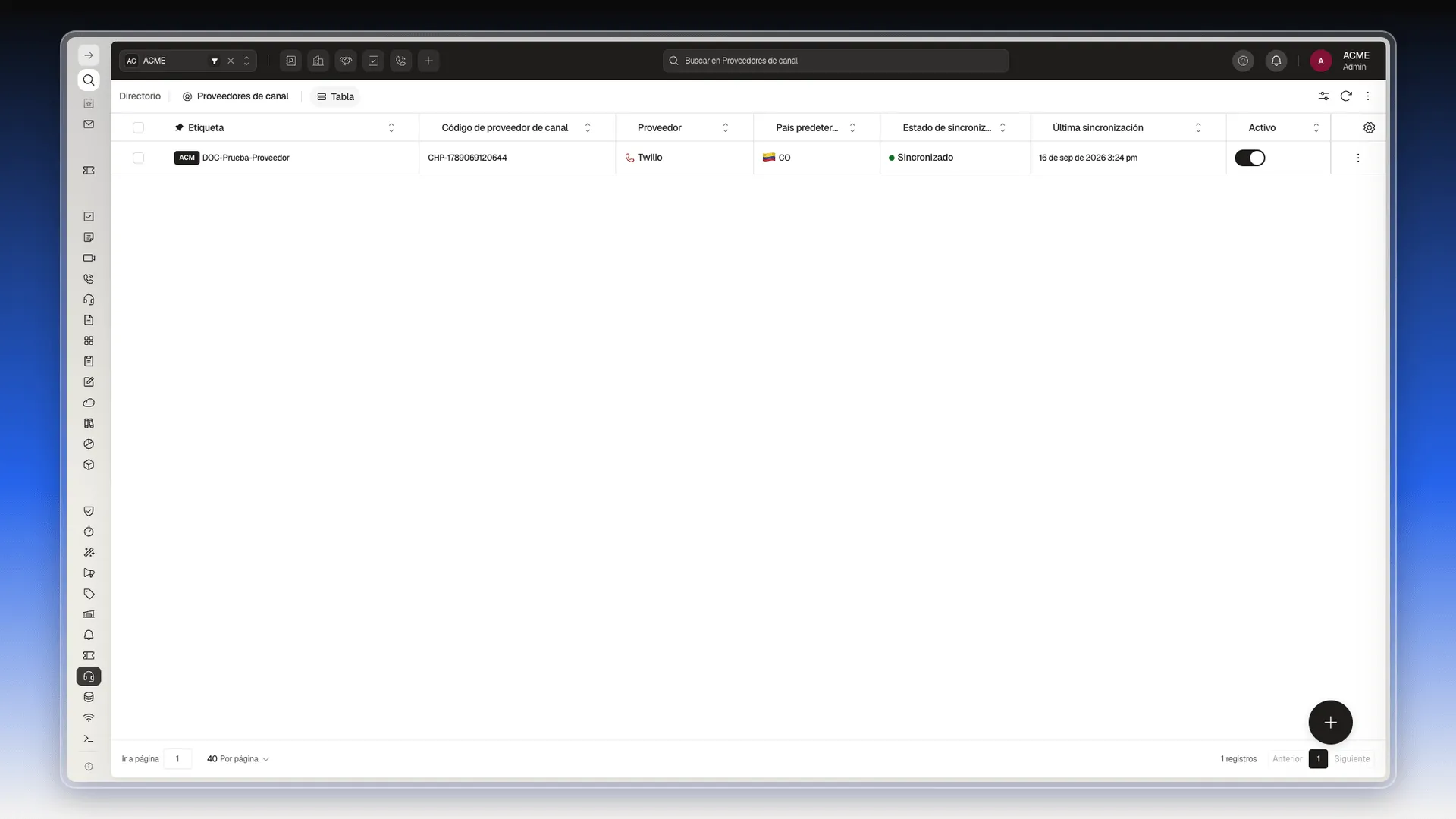 Lista de Proveedores de canal con un proveedor Twilio de prueba