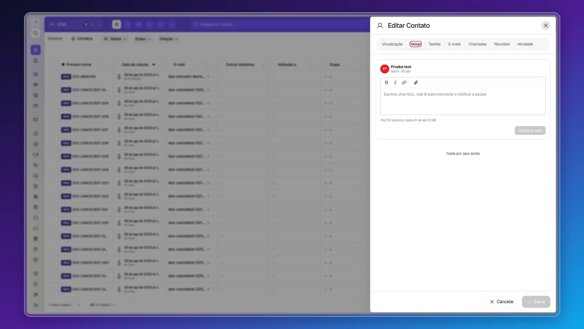 Aba Notas destacada na ficha de um contato, com o editor da nota abaixo