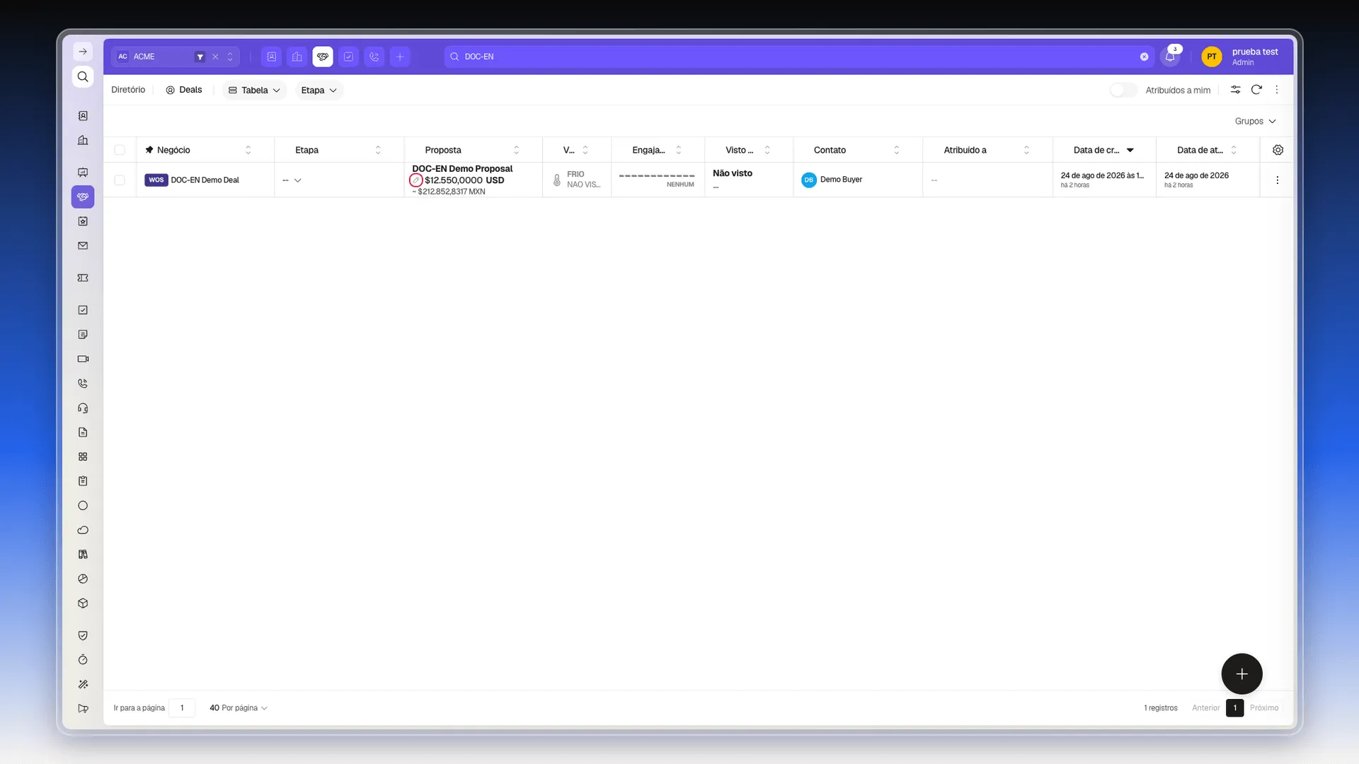 Coluna Proposta da tabela de Negócios: o nome da proposta em cima e, embaixo, o botão Abrir builder destacado ao lado do valor total