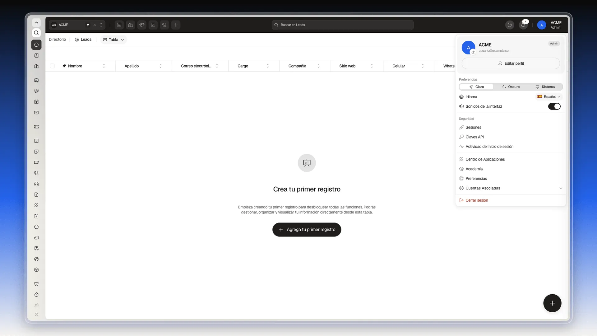 Panel de la cuenta con las opciones Sesiones, Claves API, Centro de Aplicaciones, Academia, Preferencias y Cuentas Asociadas