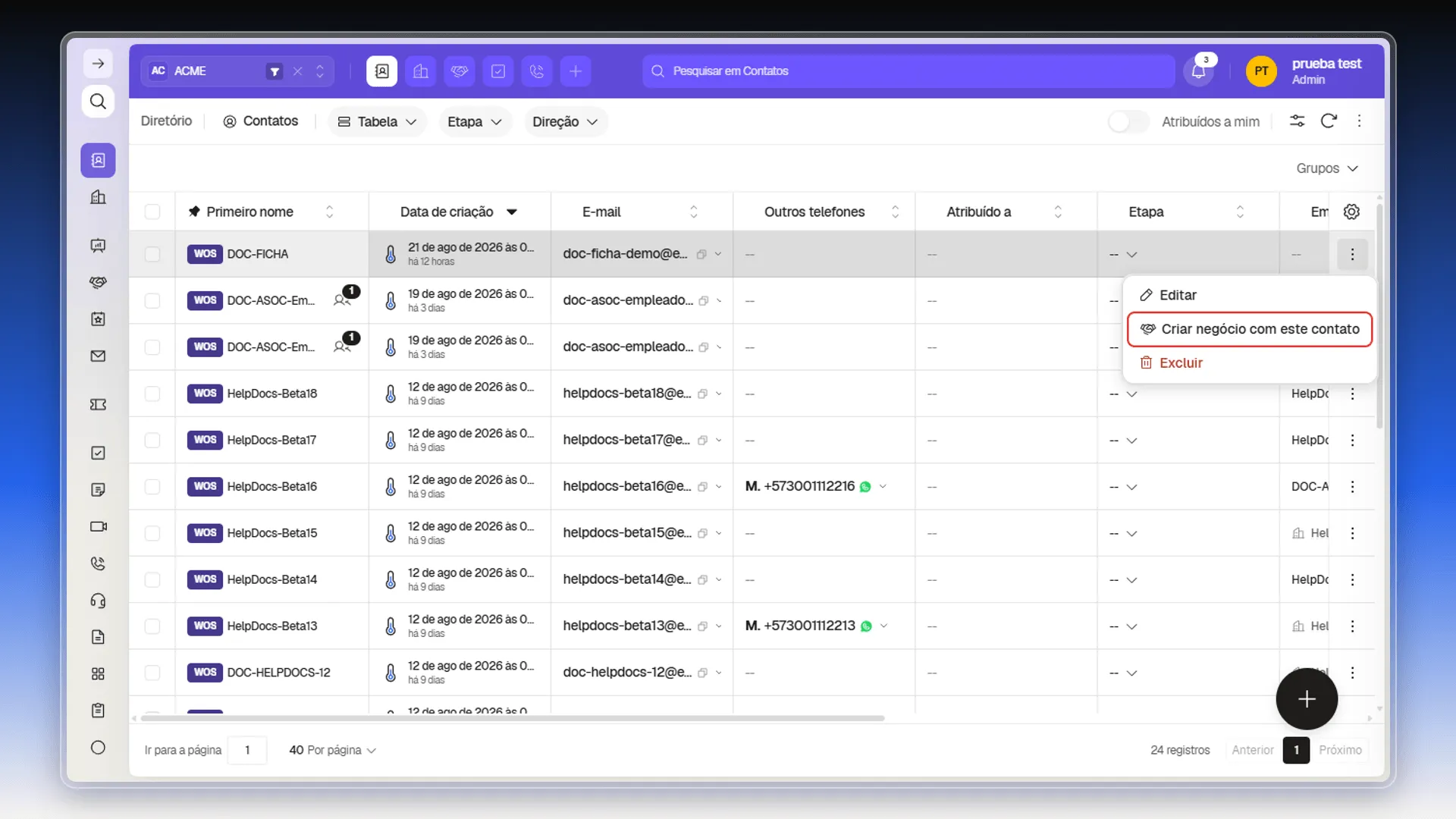 Menu da linha de um contato com a ação Criar negócio com este contato destacada