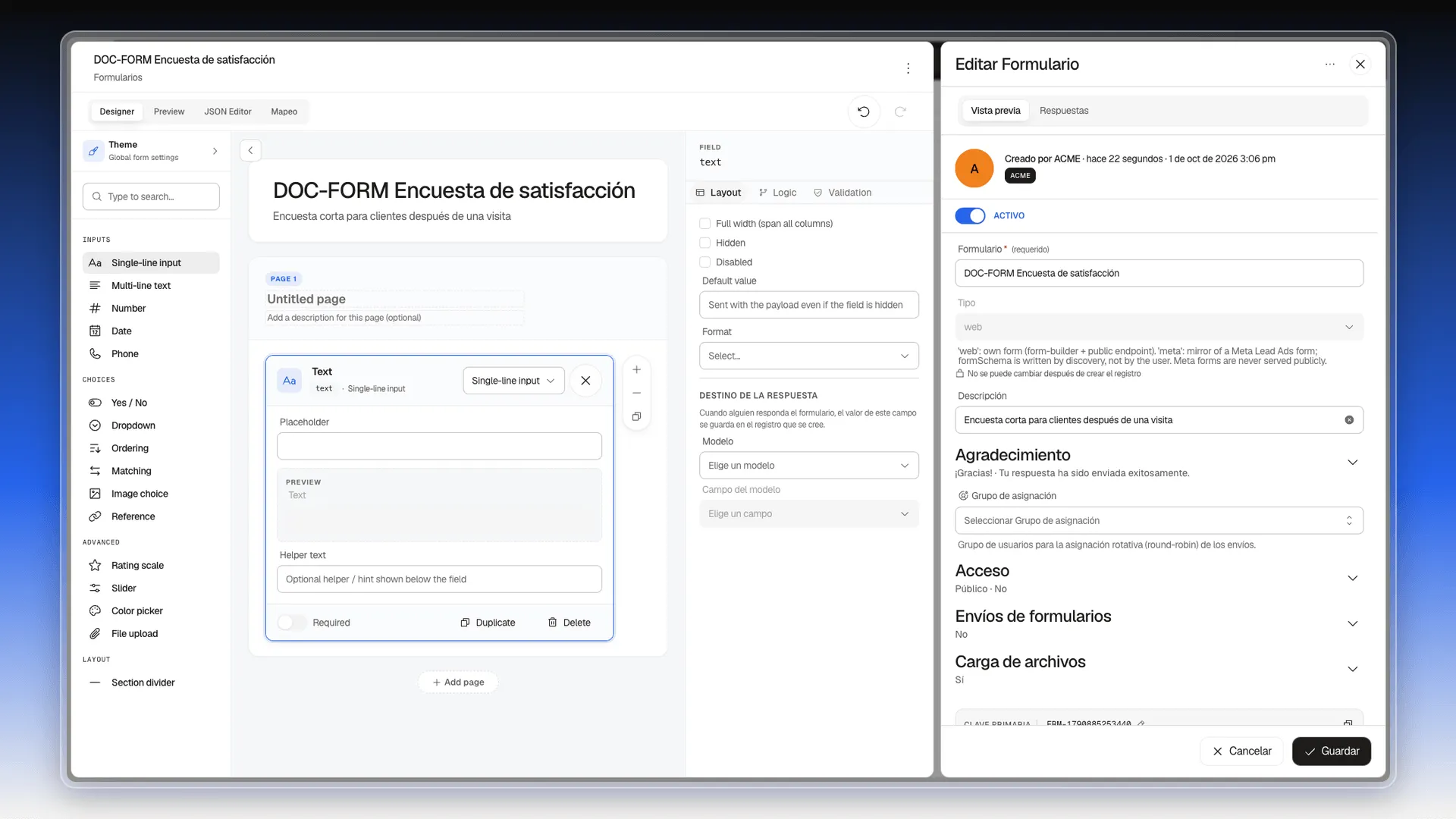 Campo Single-line input recién añadido a la página 1, abierto con Placeholder, Preview, Helper text y Required
