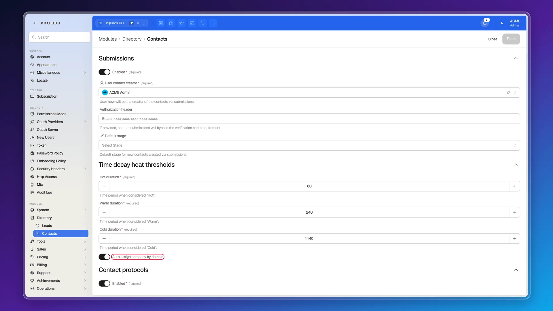 Contacts preferences with the Auto assign company by domain toggle highlighted