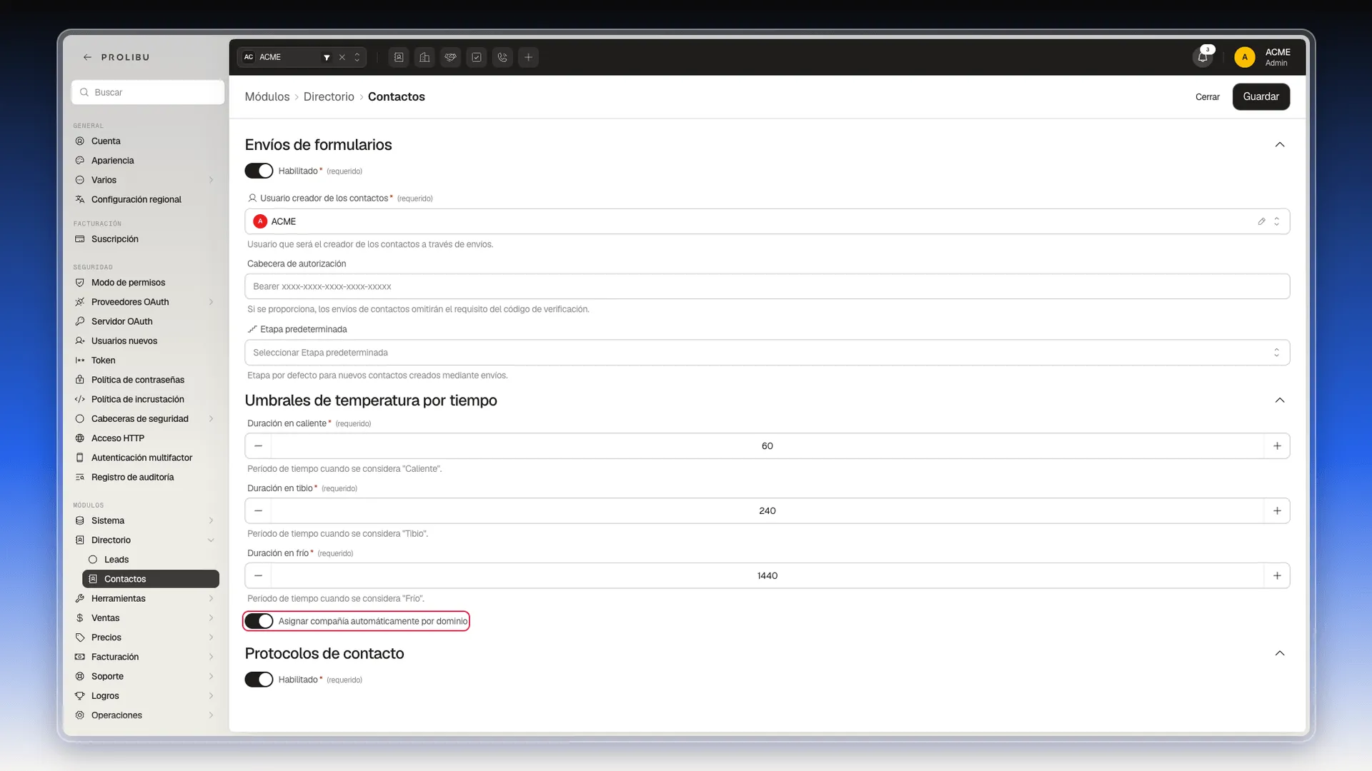 Preferencias de Contactos con el interruptor Asignar compañía automáticamente por dominio resaltado