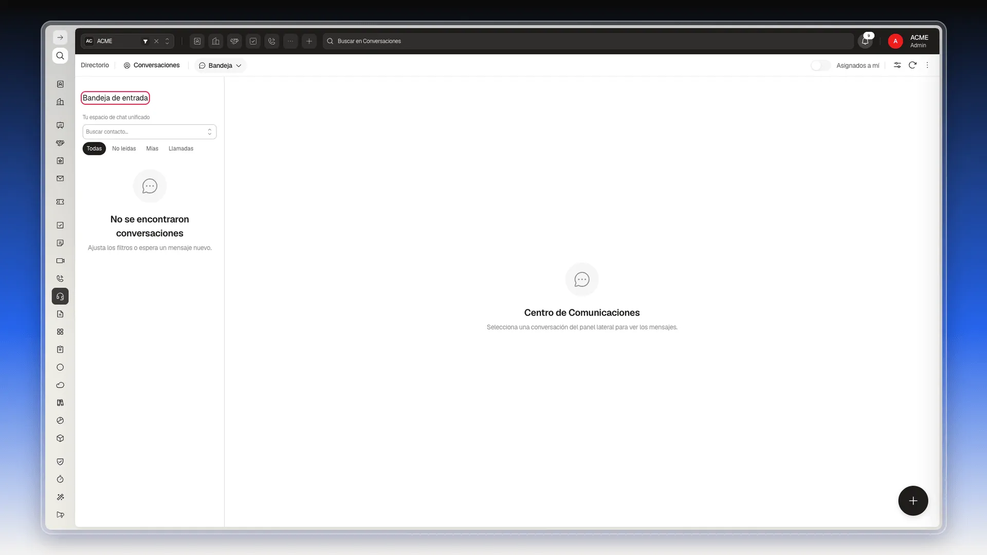 Bandeja de entrada sin canales configurados, con el mensaje No se encontraron conversaciones
