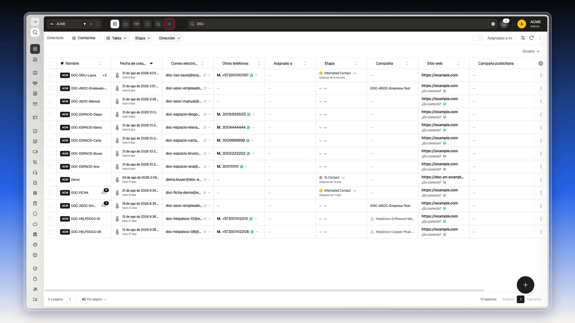 Barra superior de Contactos con el acceso para personalizar accesos
