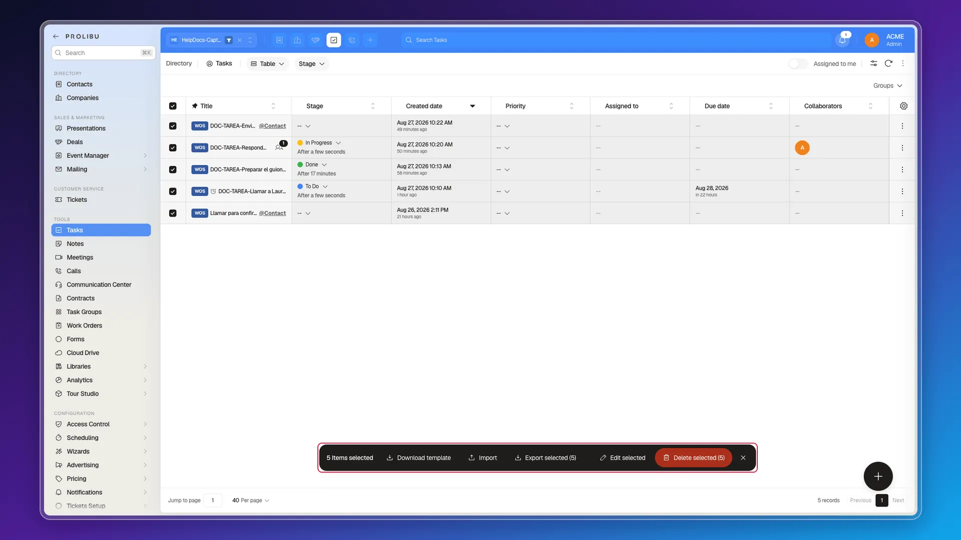 Bulk action bar over a filtered list of tasks