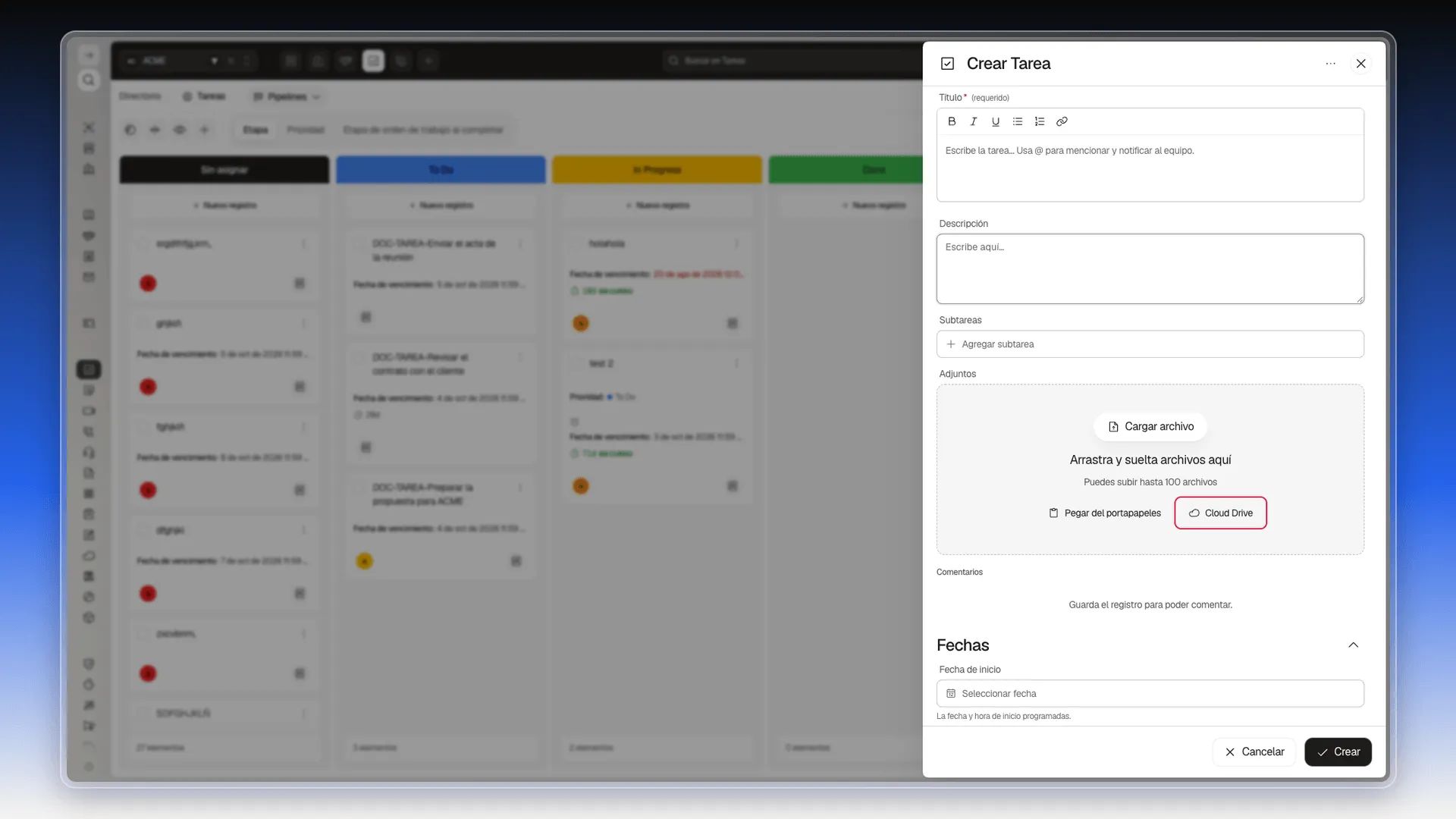 Formulario Crear Tarea con el campo Adjuntos y el botón Cloud Drive resaltado