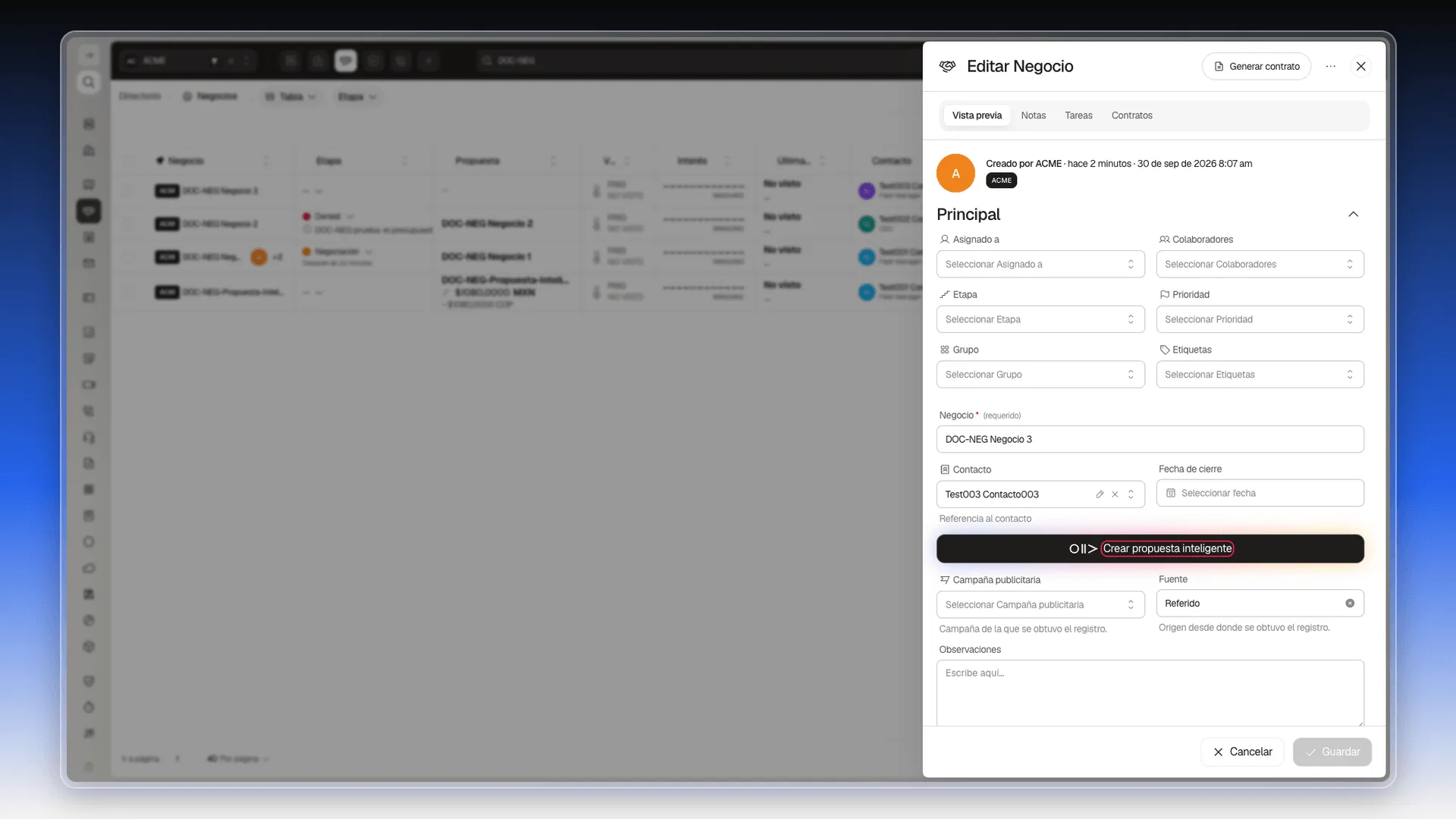 Ficha de un negocio sin propuesta con el botón Crear propuesta inteligente resaltado debajo de Contacto y Fecha de cierre
