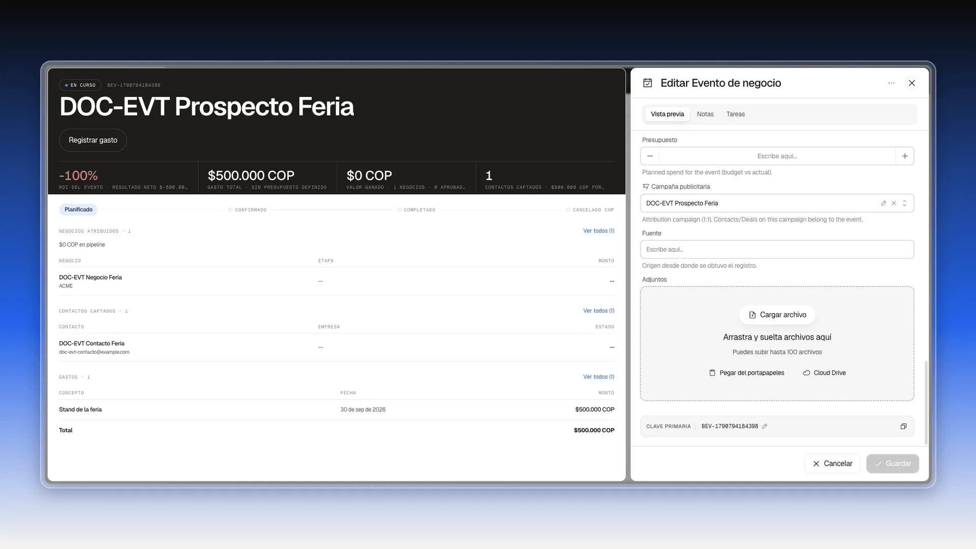 Formulario del evento con el campo Campaña publicitaria ya lleno con el nombre del evento y la ayuda sobre la atribución