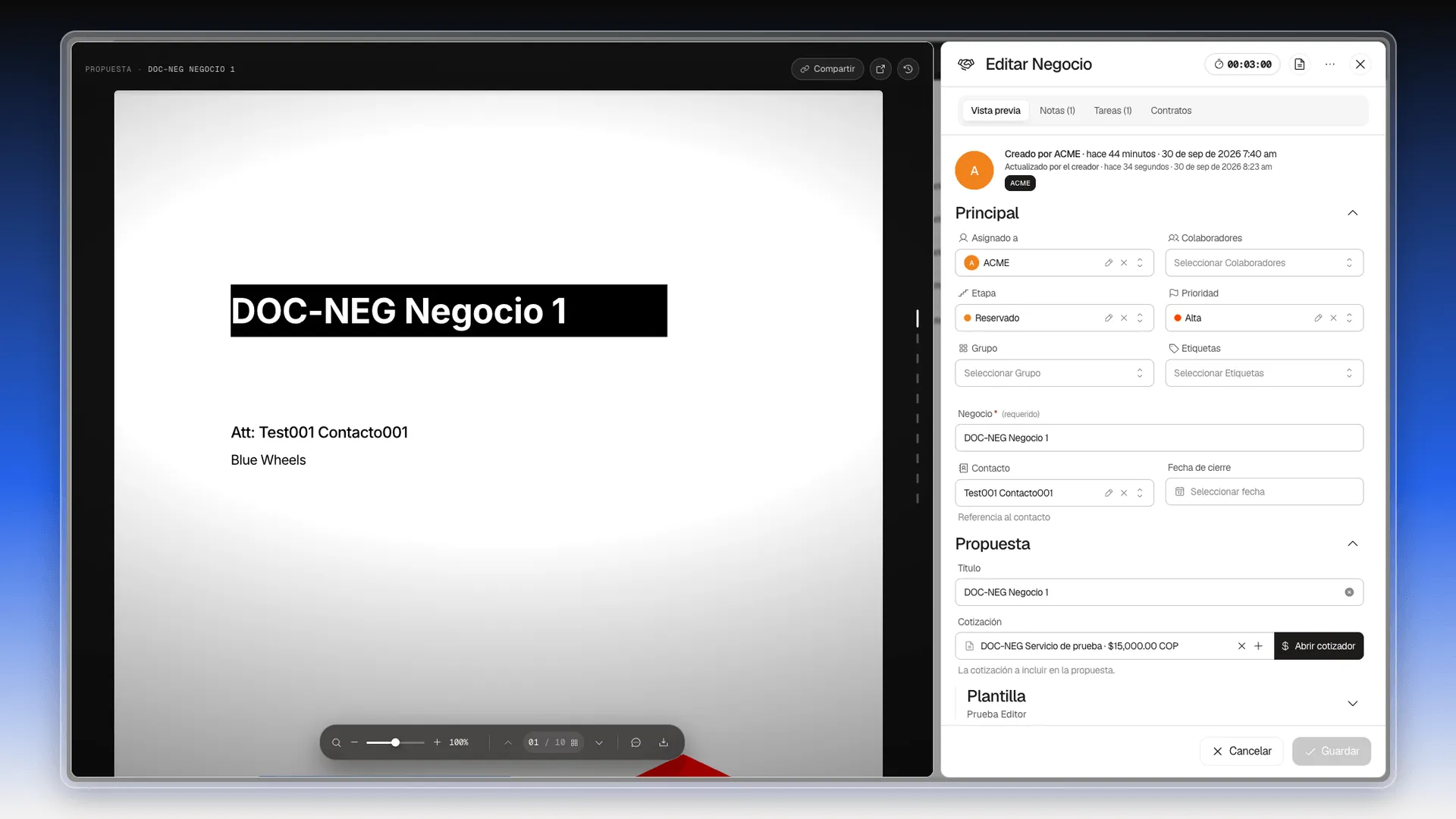 Ficha de un negocio con el campo Contacto completado con Test001 Contacto001 y, debajo, la sección Propuesta con la cotización DOC-NEG Servicio de prueba y su total