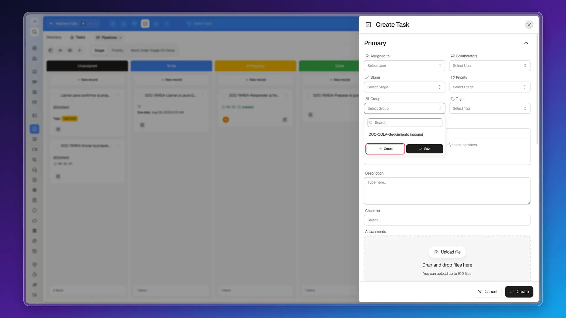 A task's Group field with the + Group button