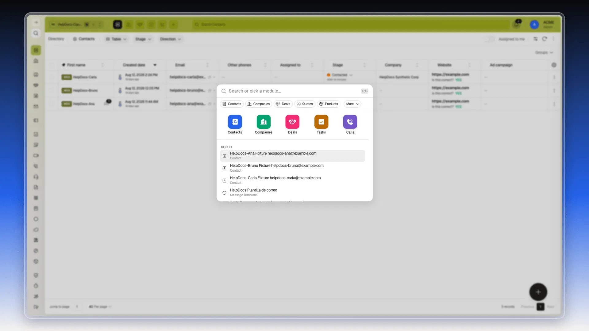 Command palette open with module tabs, colorful module icons, and the recent items list