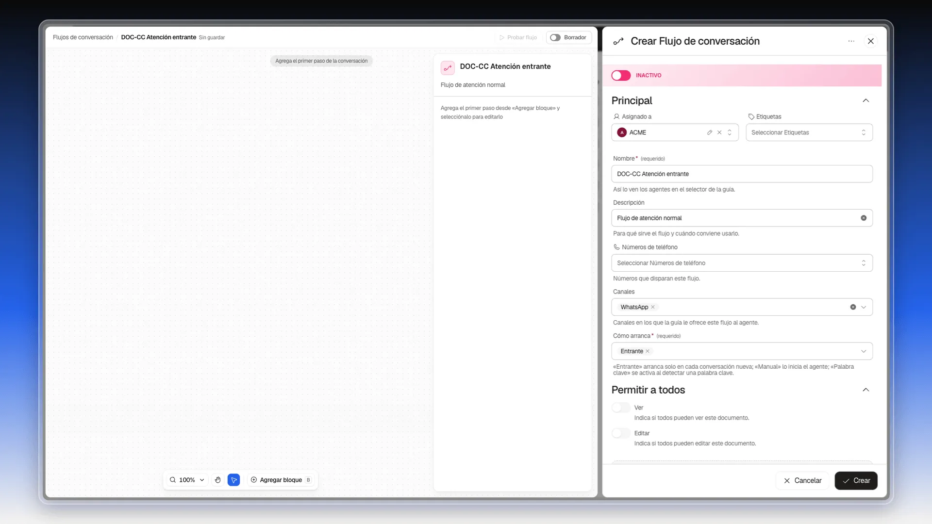 Formulario Crear Flujo de conversación con Canales en WhatsApp y Cómo arranca en Entrante