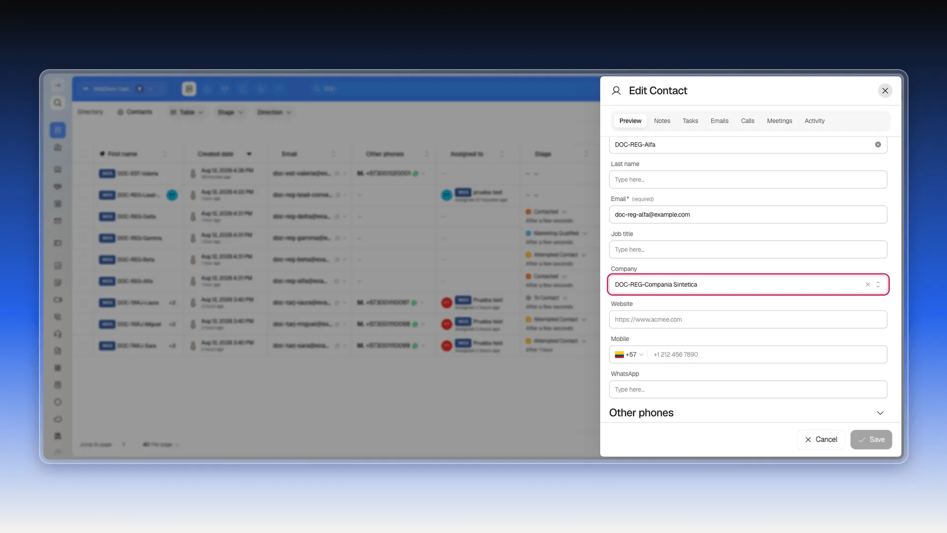 Company field on a contact's record, with the edit, remove, and expand icons