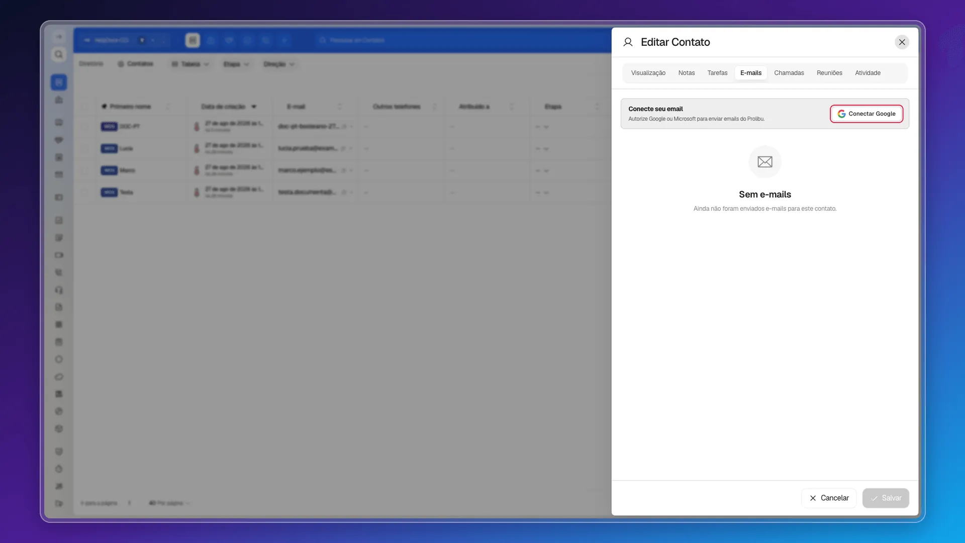 Aba E-mails de um contato com o botão Conectar Google destacado