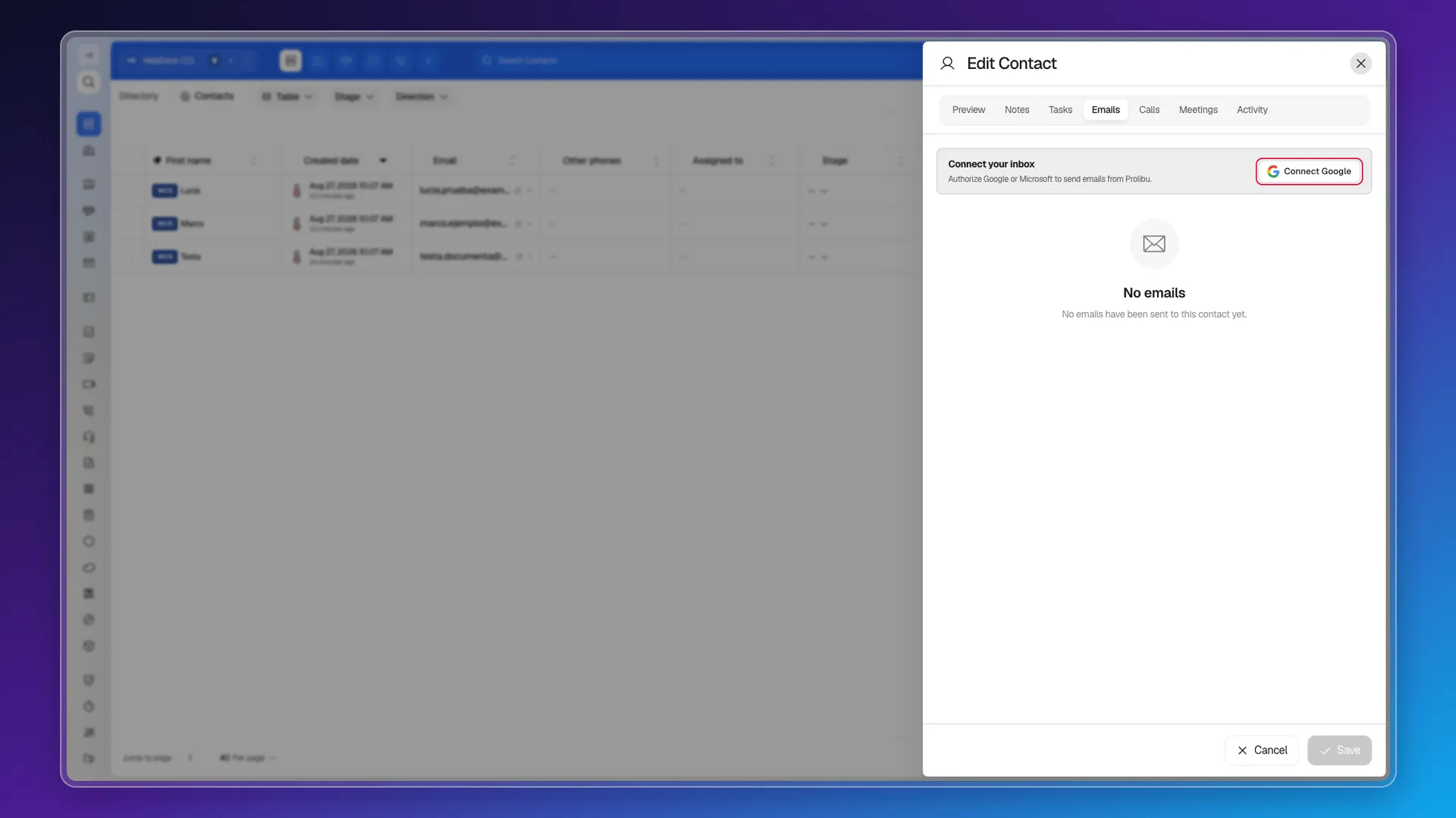 Emails tab of a contact with the Connect Google button highlighted