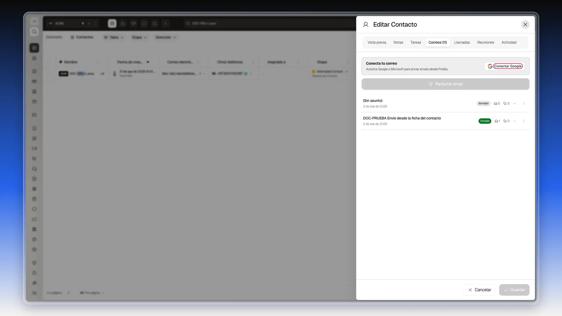Pestaña Correos de un contacto con el botón Conectar Google resaltado