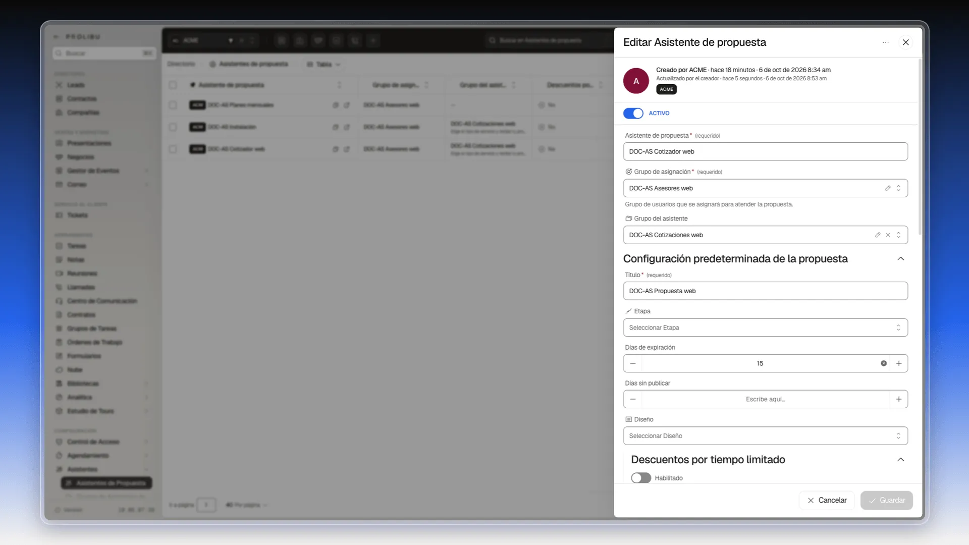 Sección Configuración predeterminada de la propuesta con el título DOC-AS Propuesta web y 15 días de expiración