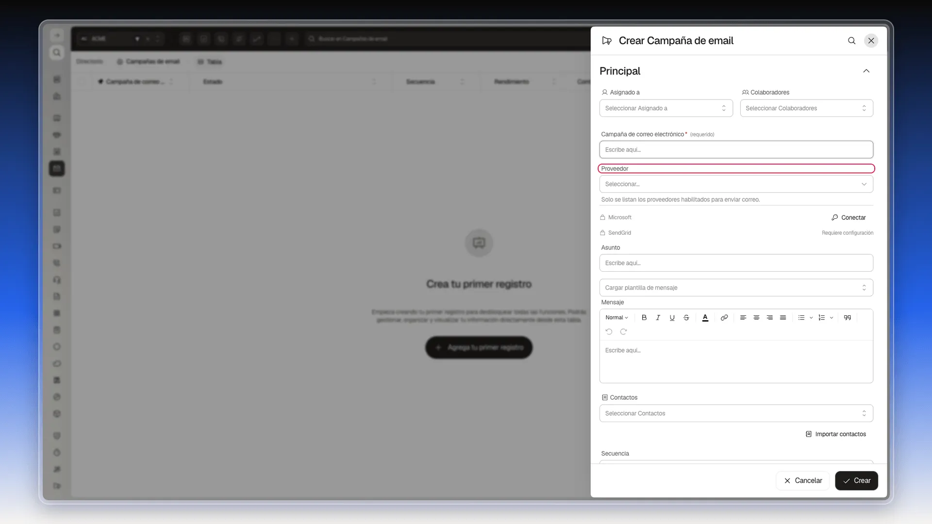Formulario Crear Campaña de email con el campo Proveedor resaltado