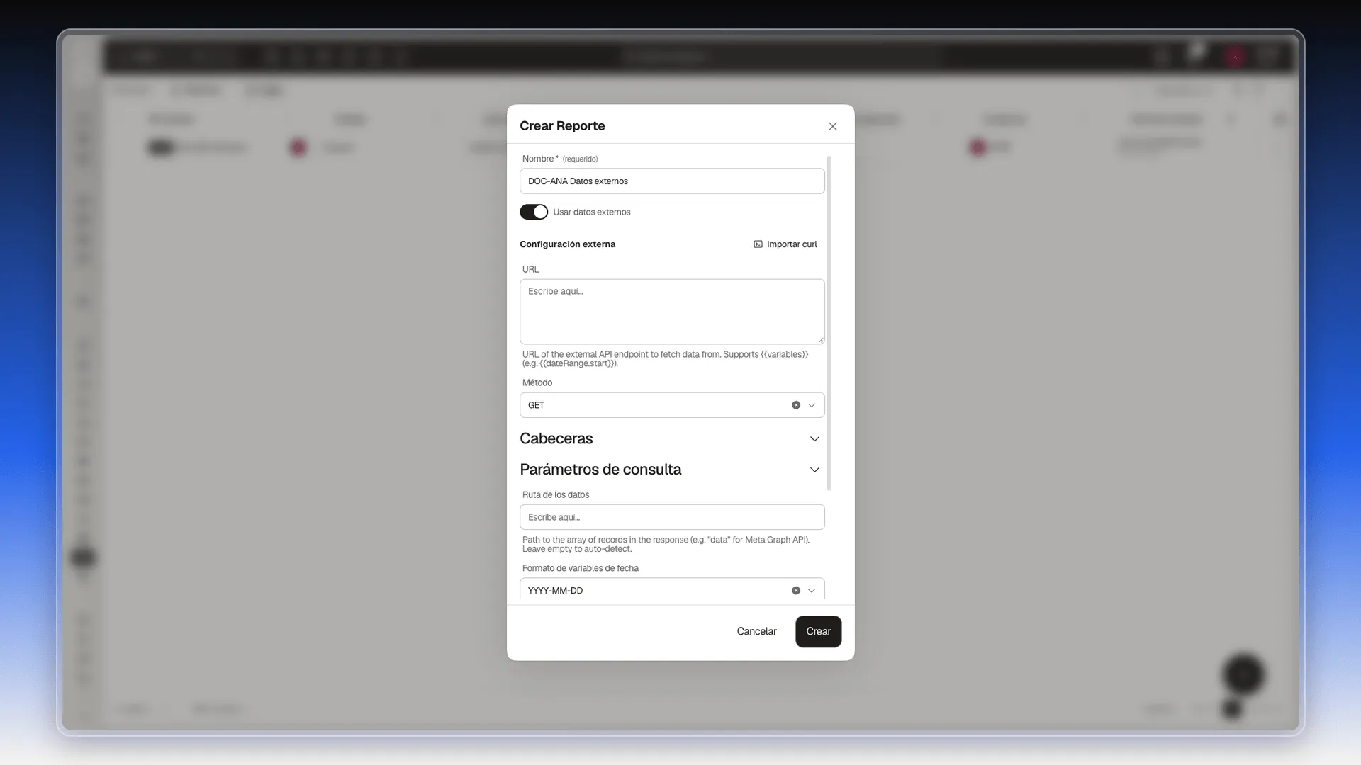 Cuadro Crear Reporte con Usar datos externos activado y la Configuración externa con URL, Método, Cabeceras, Parámetros de consulta y Ruta de los datos