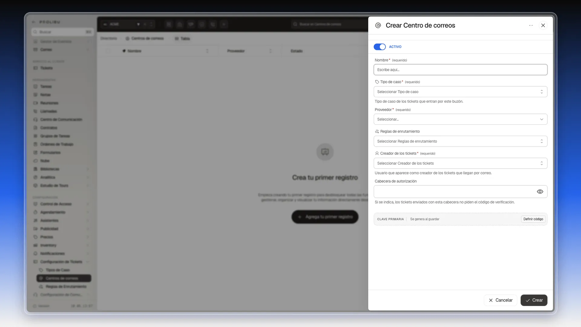 Panel Crear Centro de correos con el campo Reglas de enrutamiento