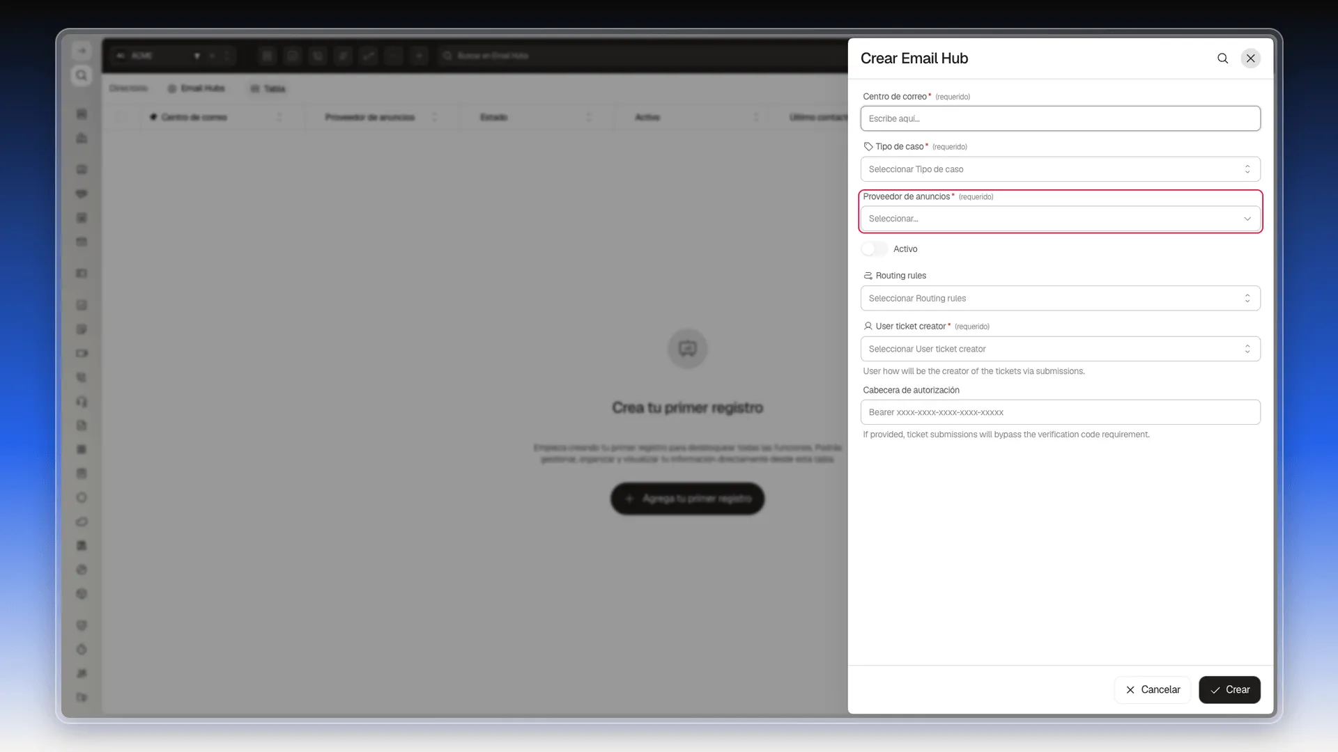 Formulario Crear Email Hub con el selector de proveedor de correo resaltado