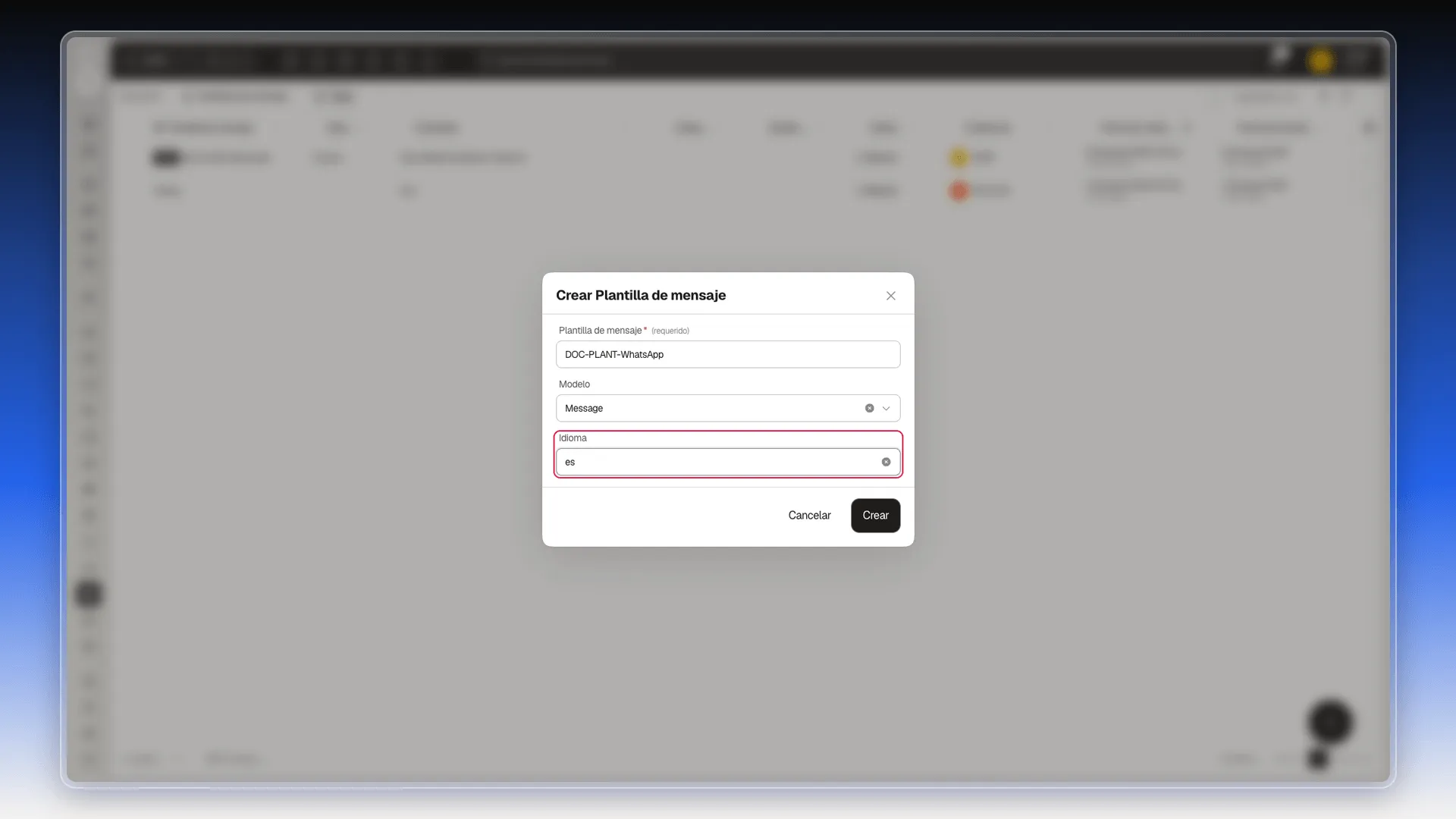 Cuadro Crear Plantilla de mensaje con Modelo Message y el campo Idioma resaltado