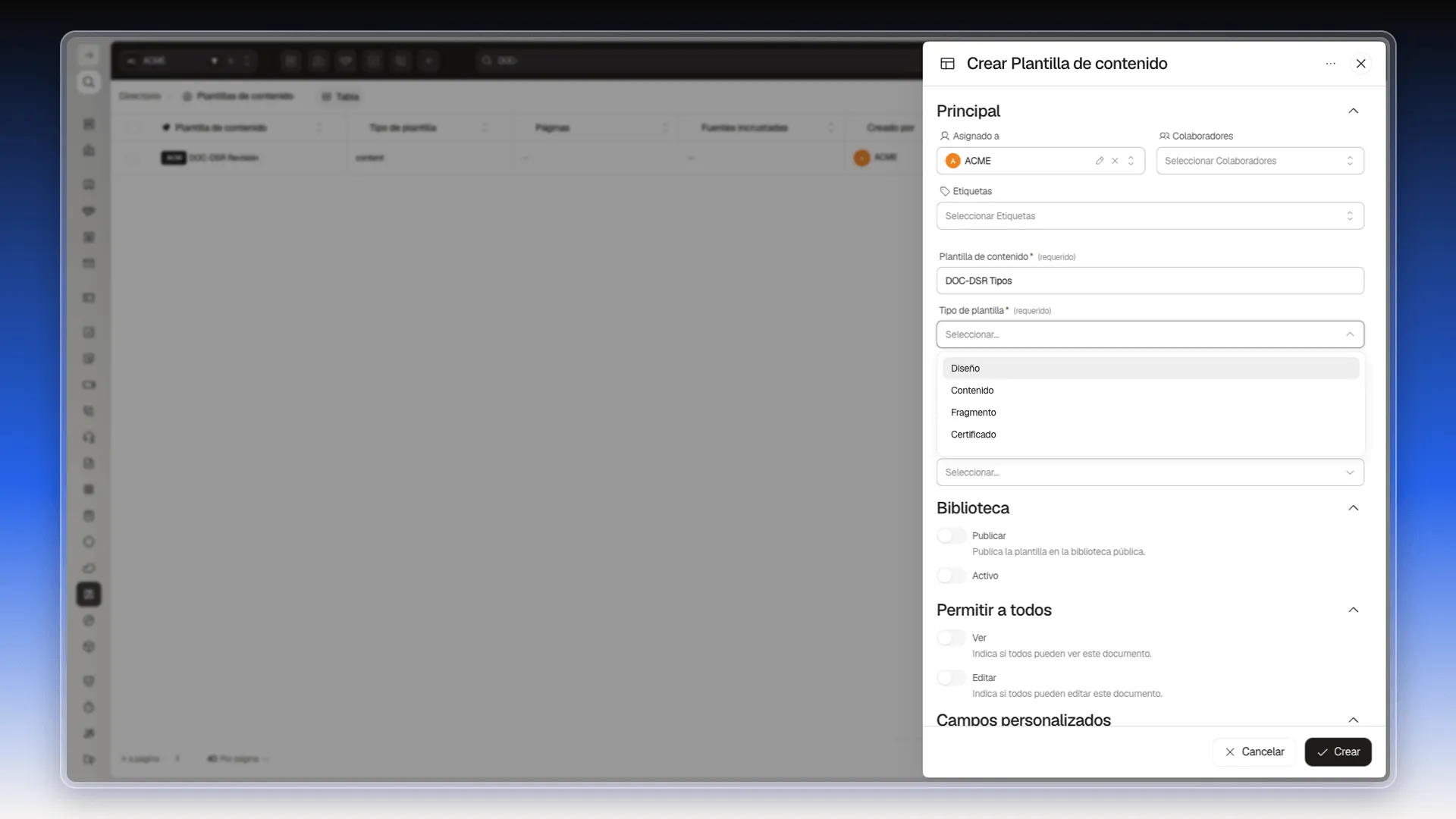 Cuadro Crear Plantilla de contenido con el nombre escrito y el desplegable Tipo de plantilla abierto mostrando Diseño, Contenido, Fragmento y Certificado