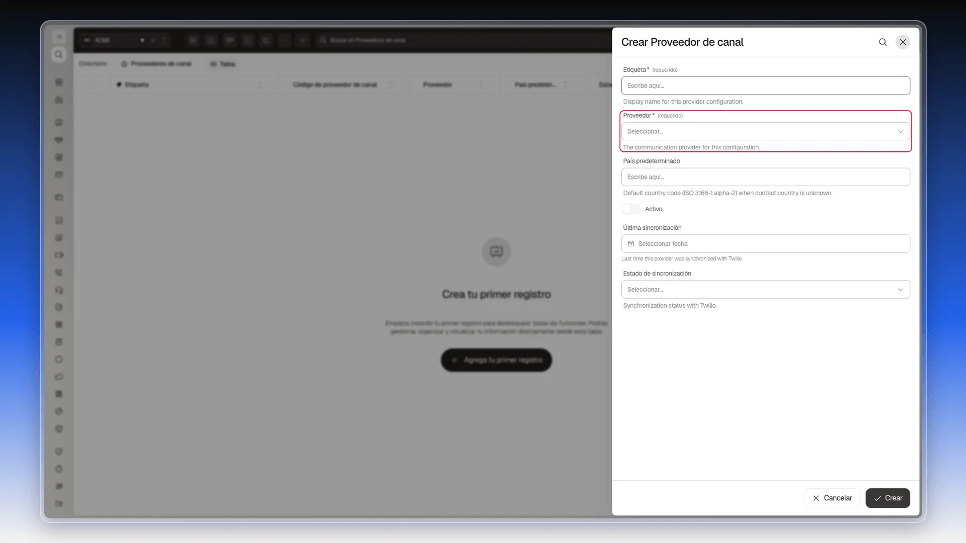 Formulario Crear Proveedor de canal con el campo Proveedor resaltado