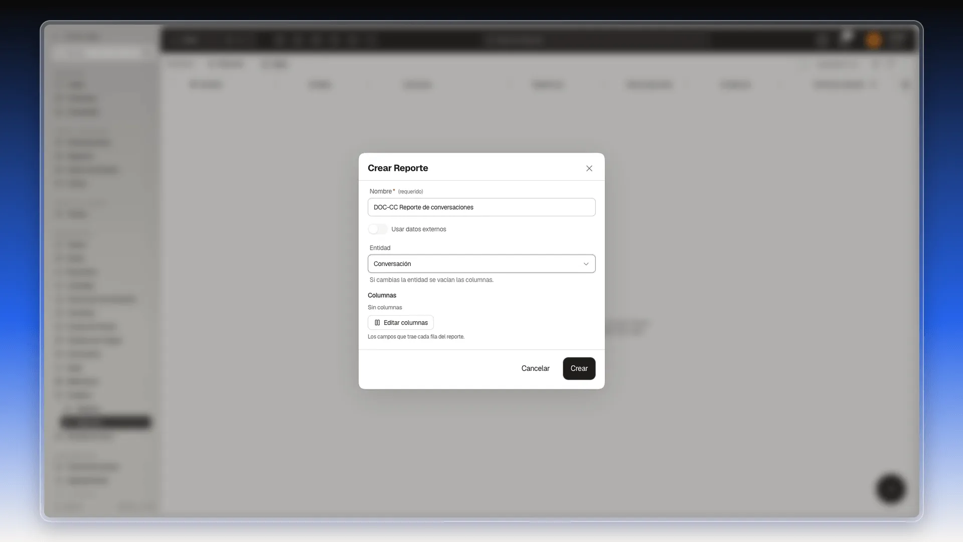 Cuadro Crear Reporte con el nombre y la entidad Conversación elegidos