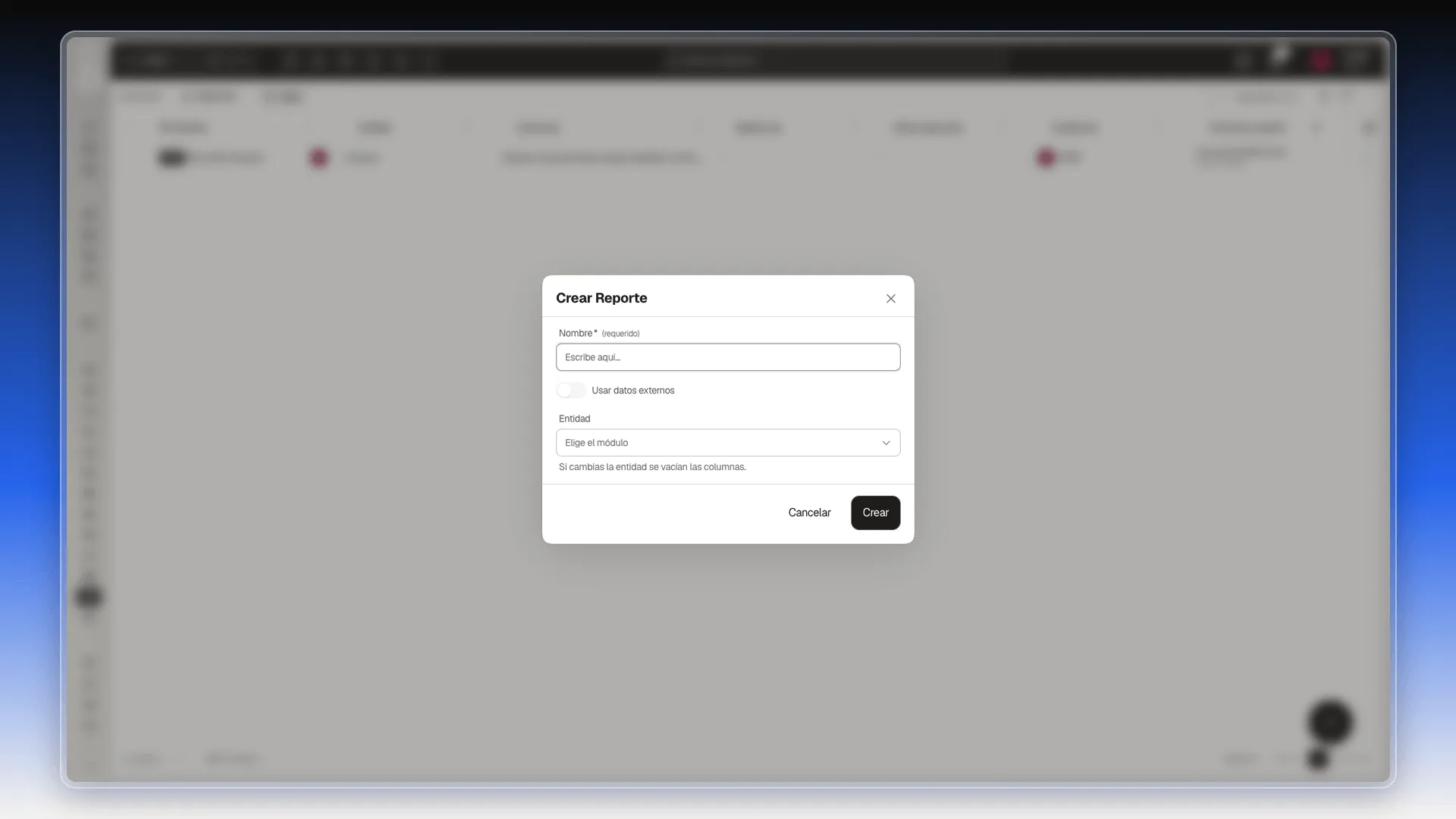 Cuadro Crear Reporte vacío con los campos Nombre, Usar datos externos y Entidad
