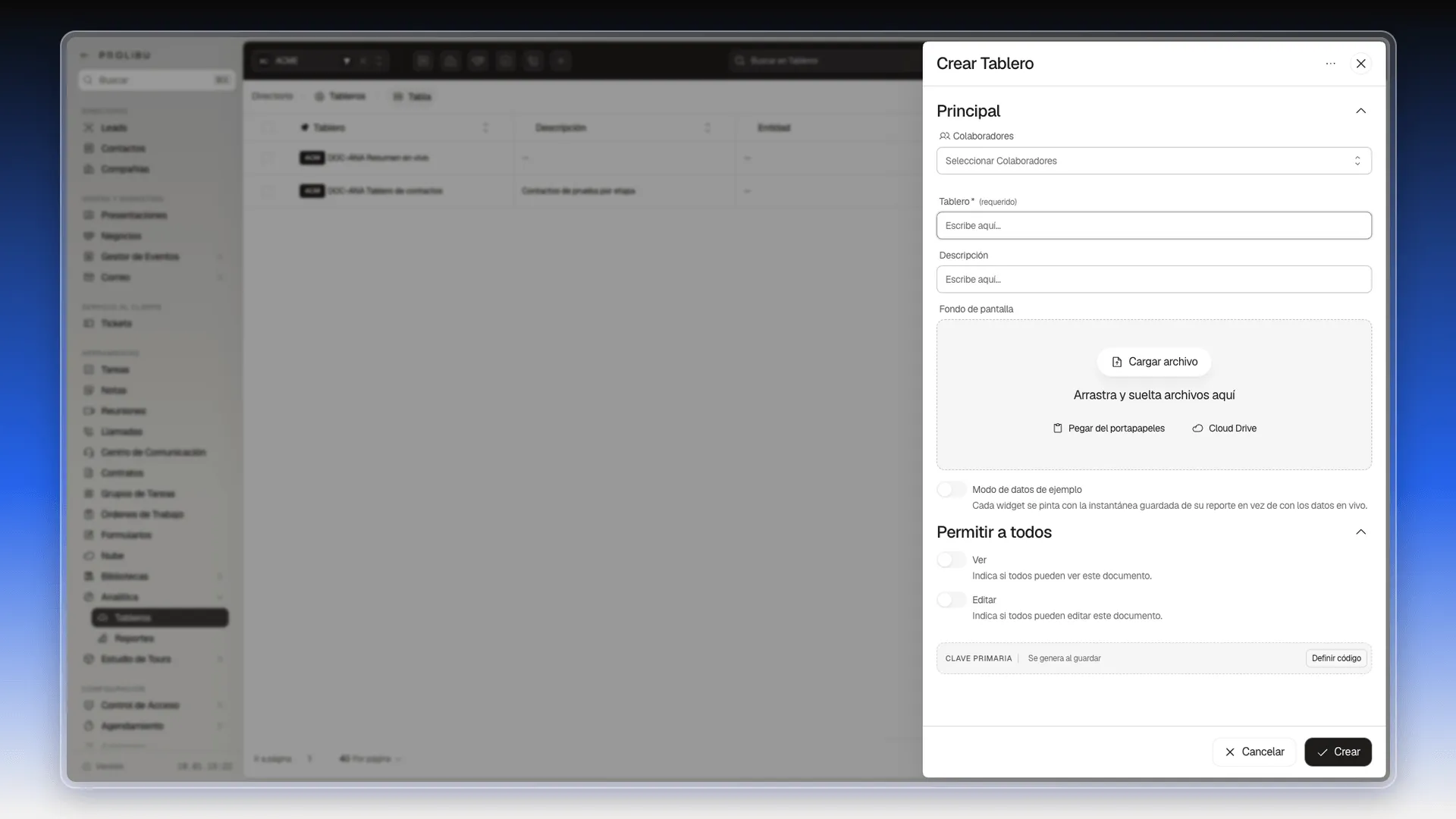 Panel Crear Tablero vacío con Colaboradores, Tablero, Descripción, Fondo de pantalla, Modo de datos de ejemplo, Permitir a todos y Clave primaria