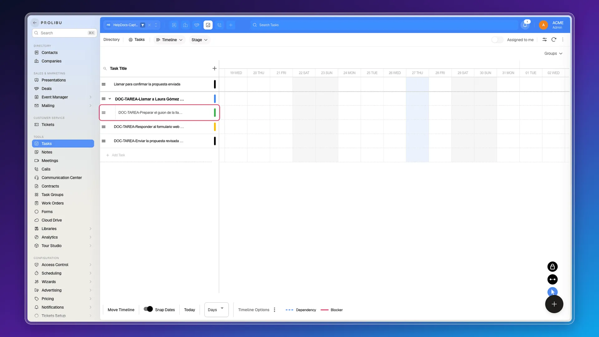 Timeline with the subtask indented under its parent task