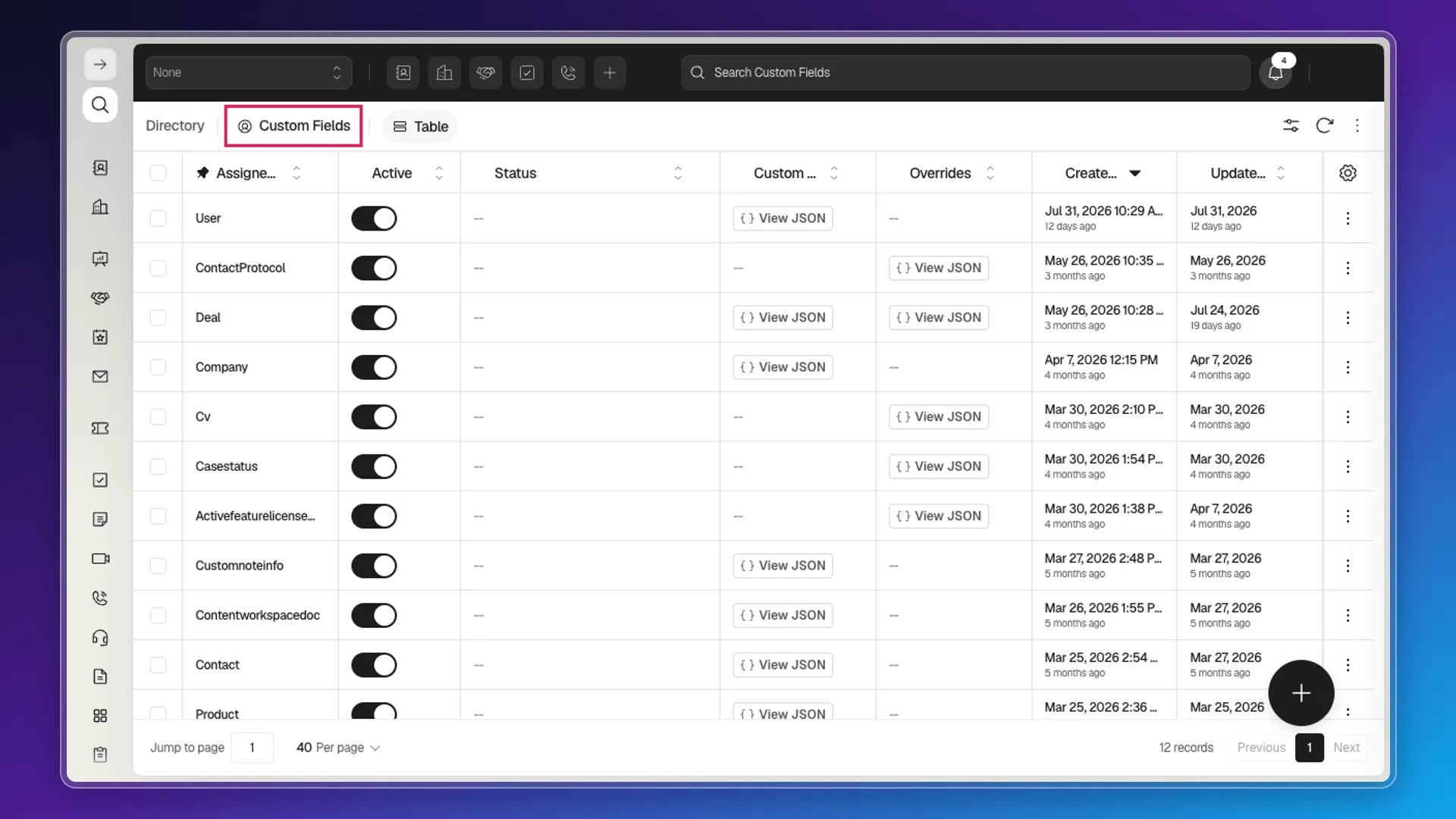 Custom Fields table with the Active column and the View JSON button per object