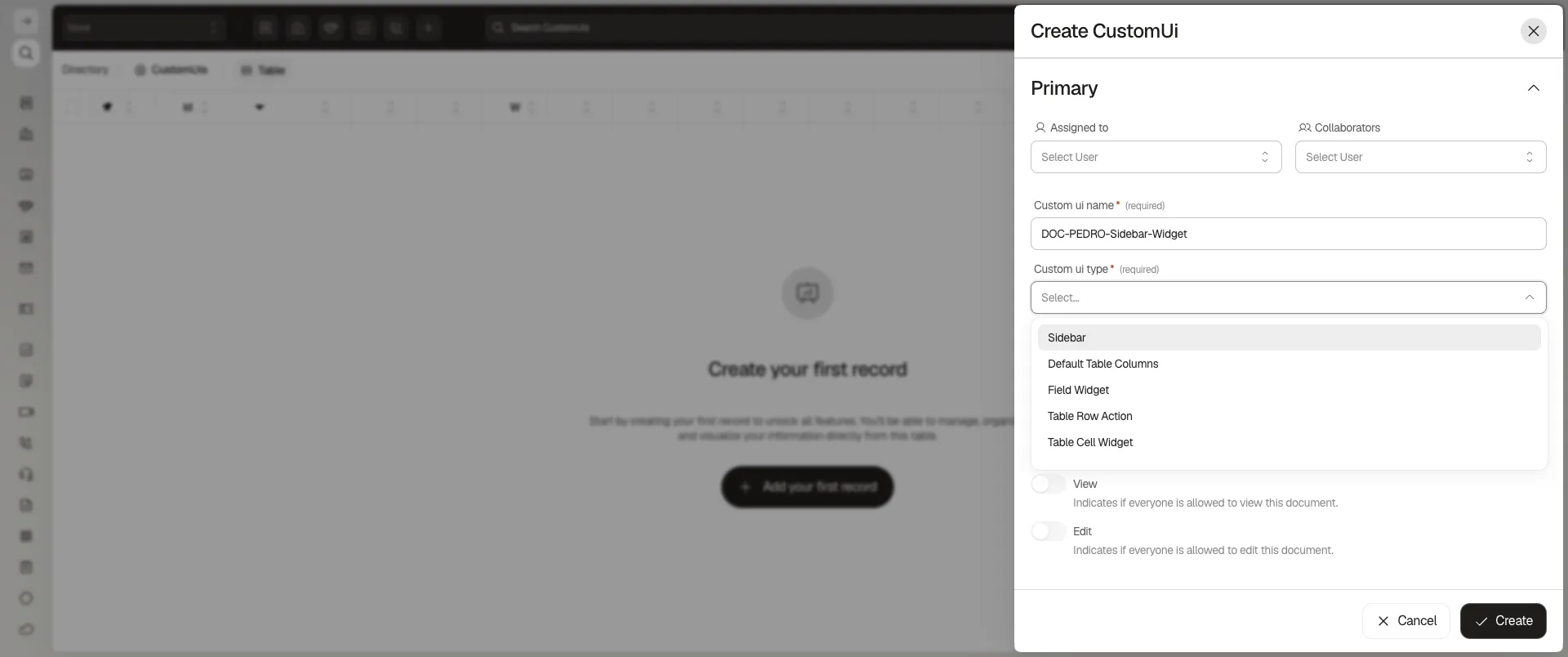Create CustomUi form with the Custom ui type dropdown open, listing five interface types