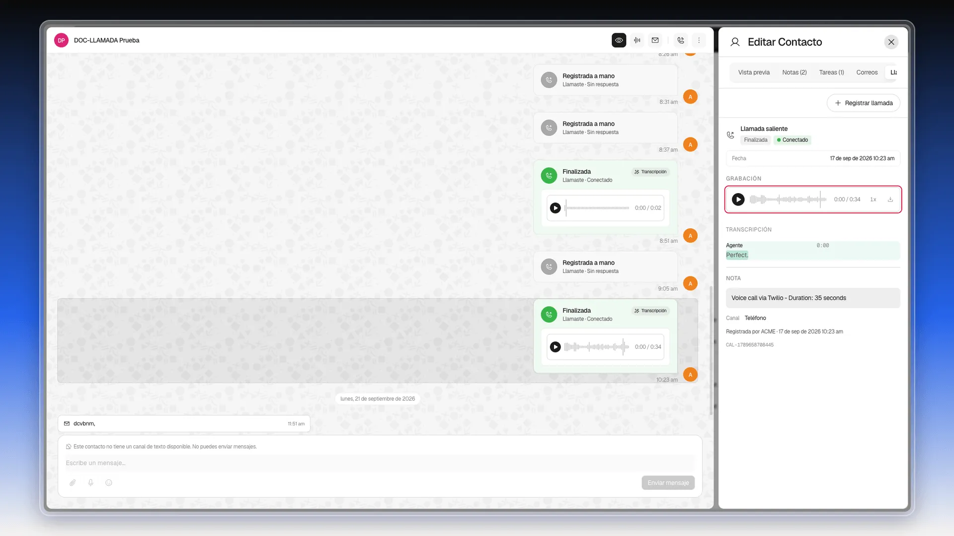 Conversación de un contacto con el detalle de la llamada a la derecha y la Grabación marcada