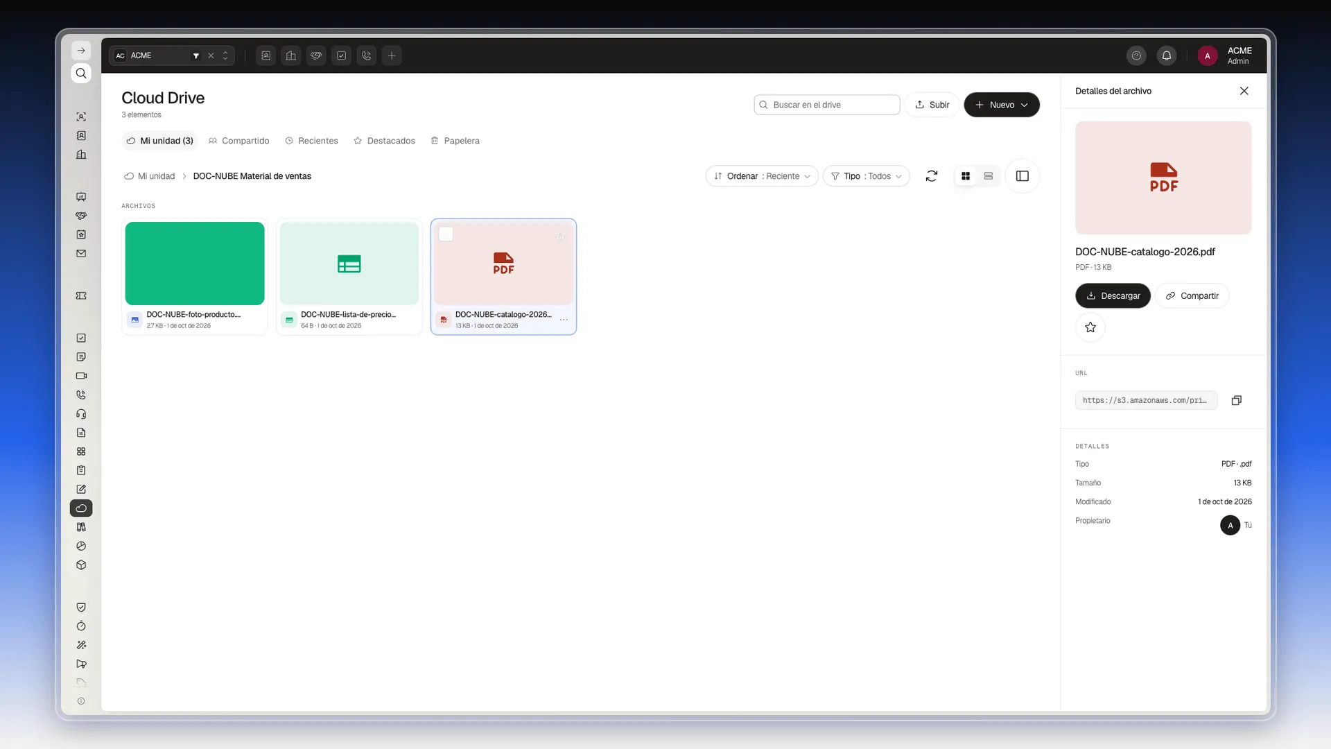 Panel Detalles del archivo de DOC-NUBE-catalogo-2026.pdf con Descargar, Compartir, la estrella, la URL y los detalles