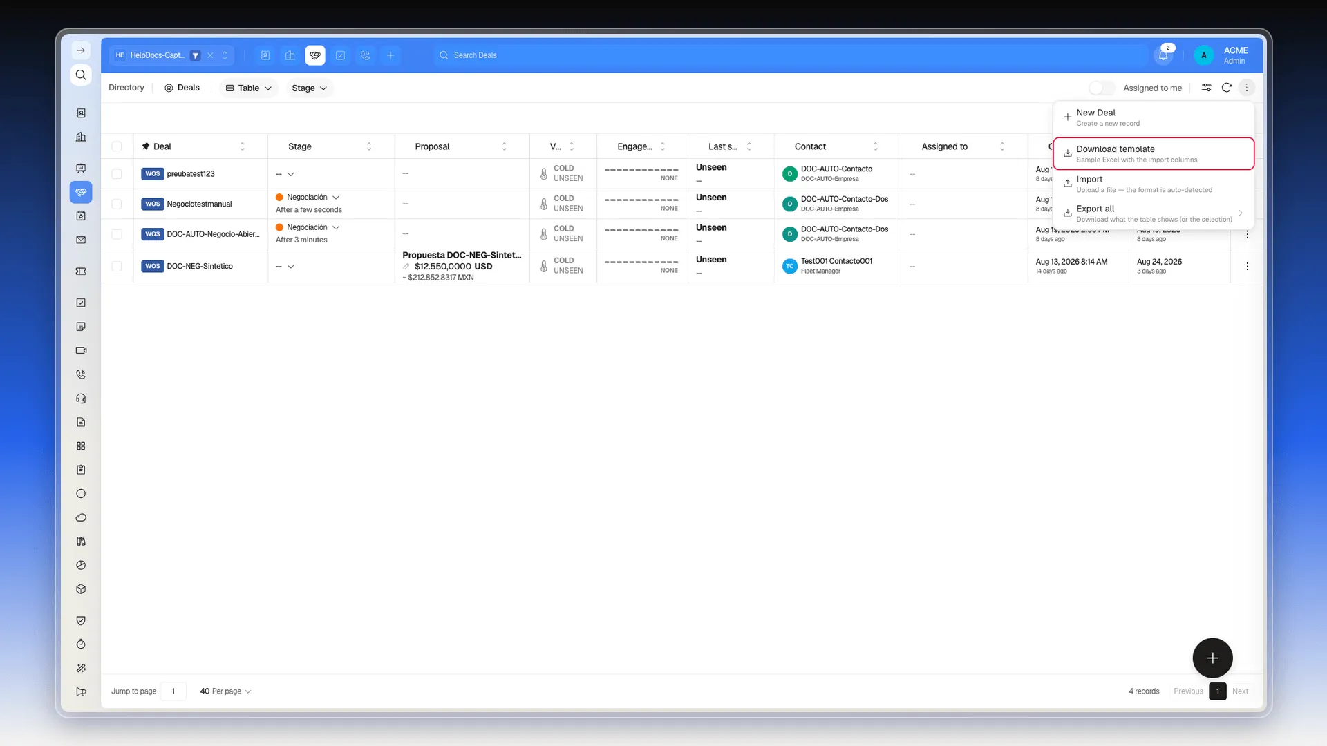 Download template highlighted in the Deals actions