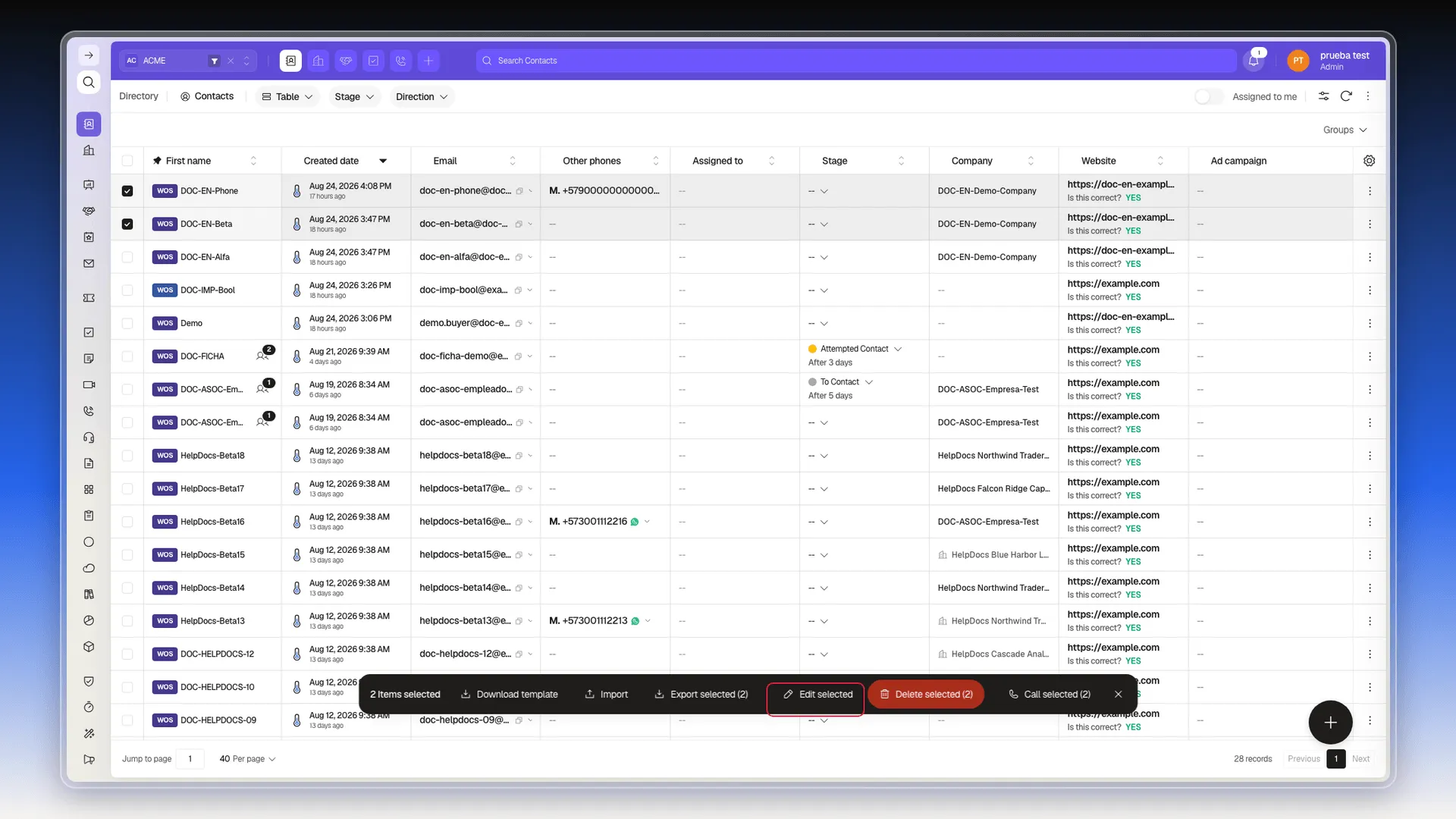 Two contacts checked and the bulk-action bar with Edit selected