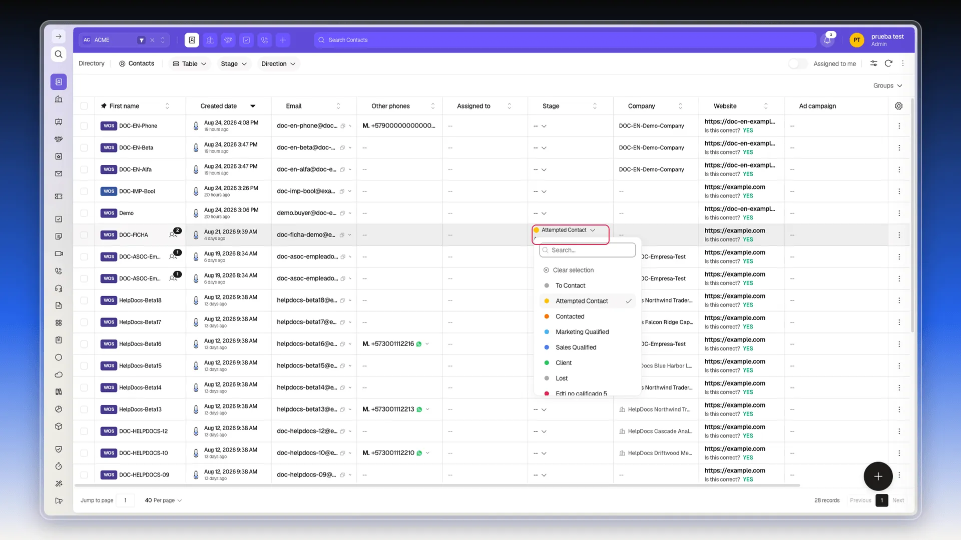 Stage picker opened from a contact's row in the table