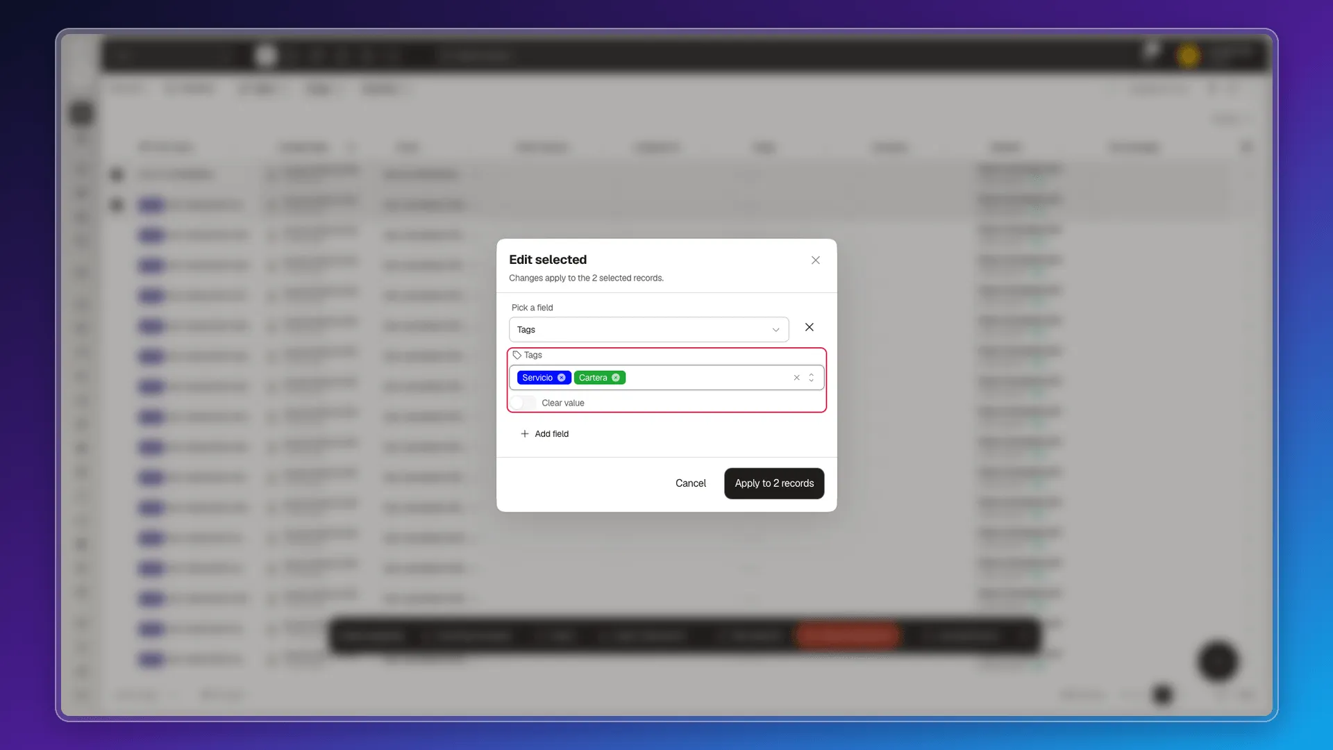 Edit selected panel with the Tags field showing two chosen tags as chips, and the Clear value switch