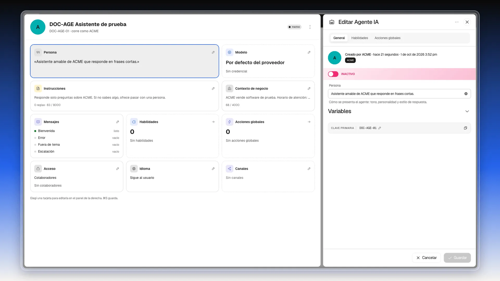 Ficha de un agente con las tarjetas Persona, Modelo, Instrucciones, Contexto de negocio, Mensajes, Habilidades, Acciones globales, Acceso, Idioma y Canales, y el panel Editar Agente IA