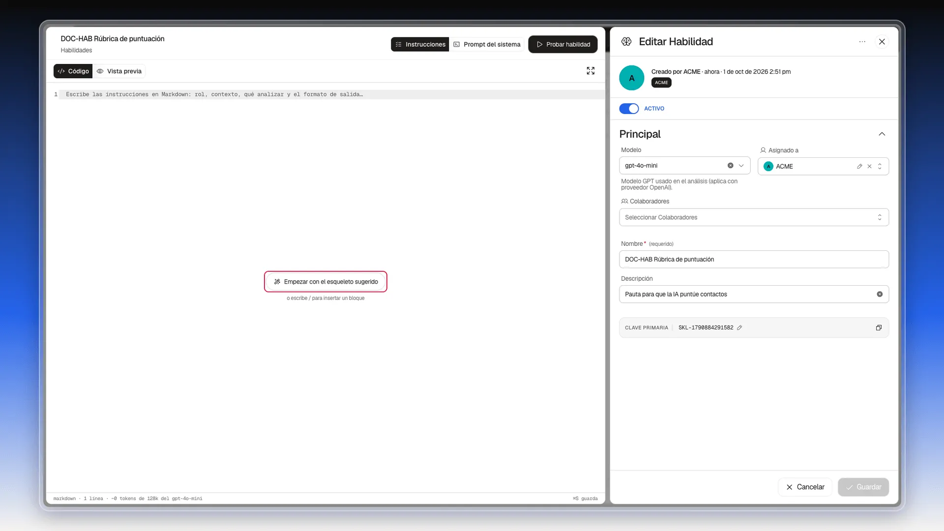 Editor vacío con el botón Empezar con el esqueleto sugerido resaltado