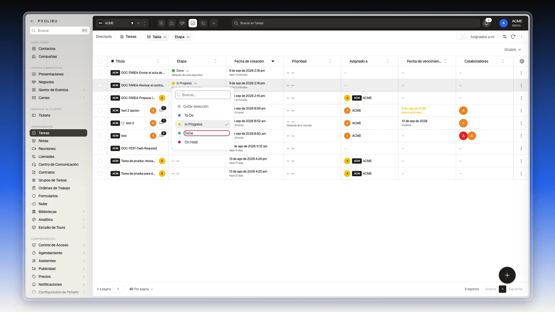 Selector de etapa de una tarea con la opción Done resaltada