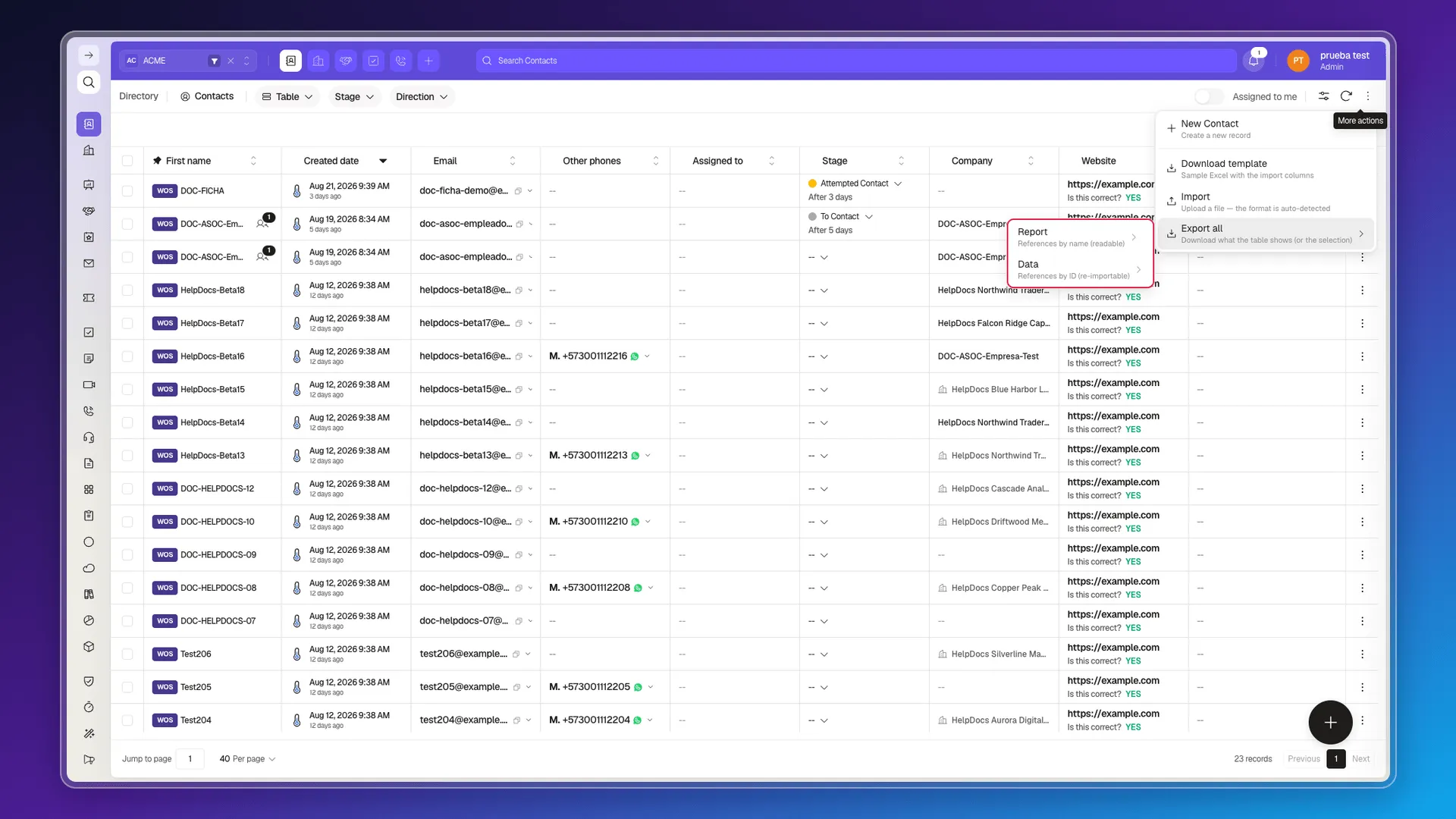 Export all submenu with Report/Data and, inside Report, Excel/JSON