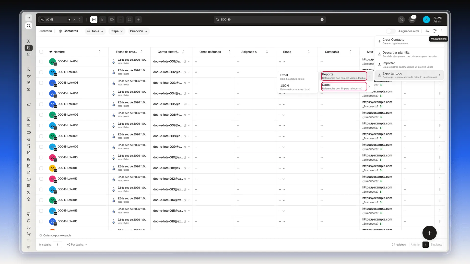 Submenú de Exportar todo con las opciones Reporte y Datos resaltadas y, a la izquierda, Excel y JSON
