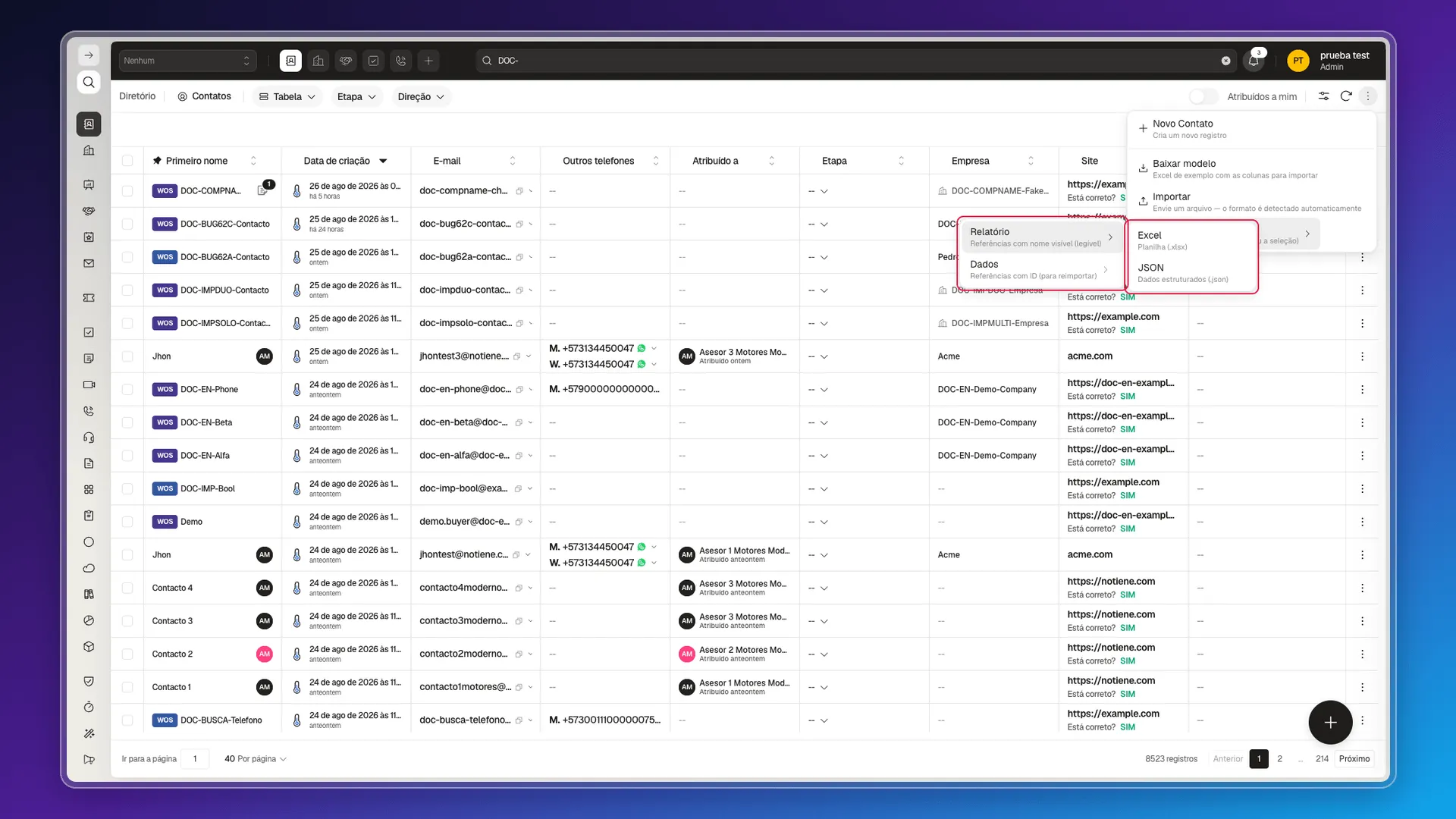 Submenu Exportar tudo com Relatório/Dados e, dentro de Relatório, Excel/JSON