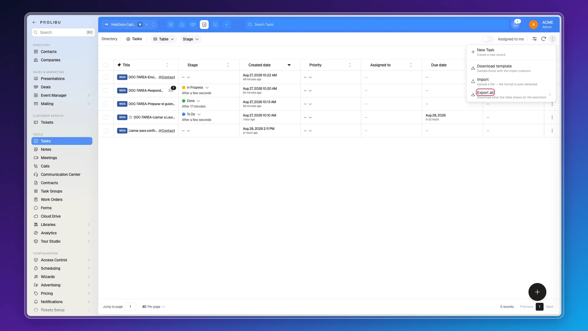 Tasks module More actions menu with Export all highlighted